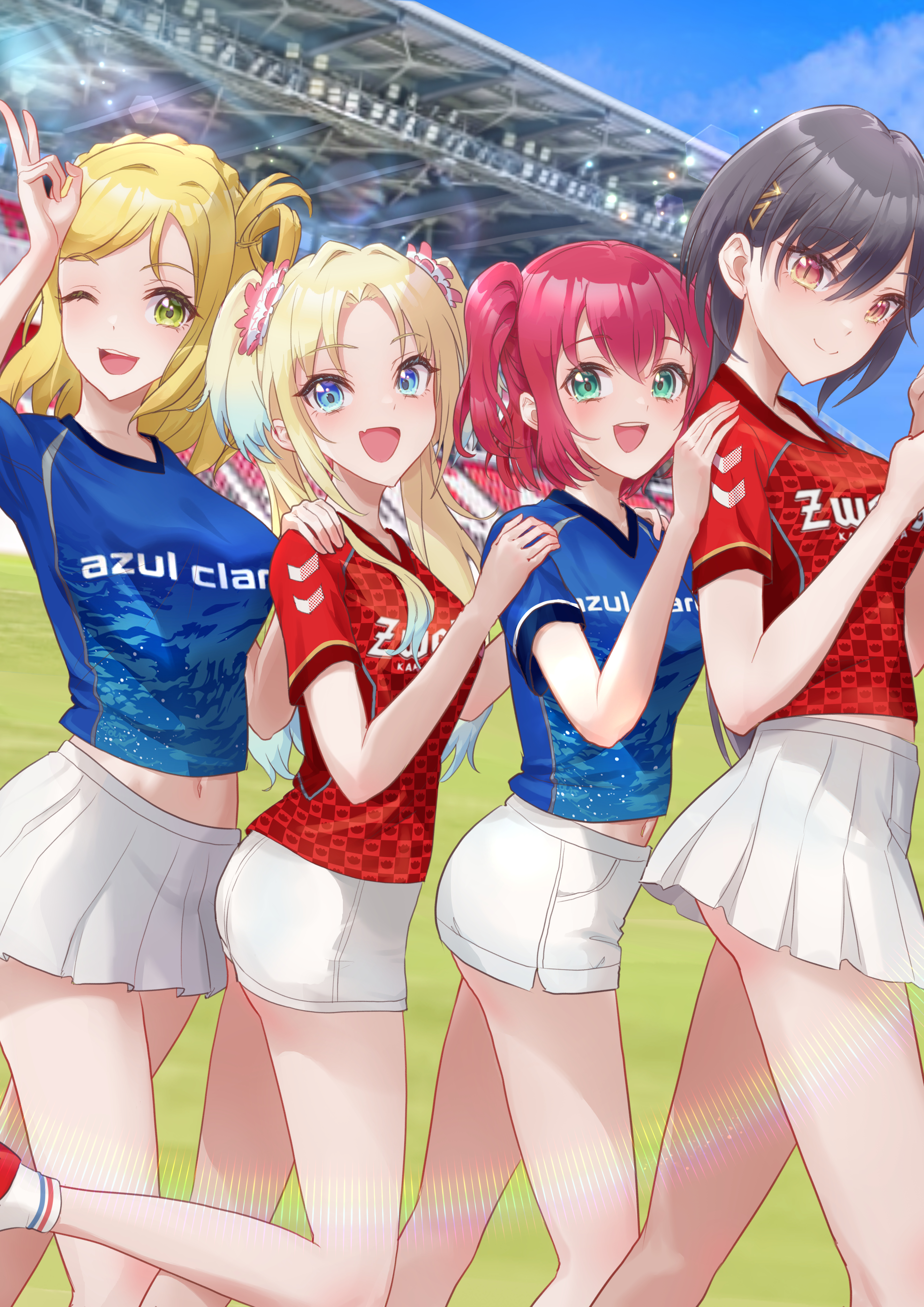 kobassy, katsuragi izumi, kurosawa ruby, ohara mari, osawa rurino, link! like! love live!, love live!, love live! sunshine!!, zweigen kanazawa, absurdres, commentary, highres, 4girls, :d, ;d, aqua eyes, azul claro numazu, black hair, blonde hair, blue eyes, blue hair, blue shirt, braid, breasts, closed mouth, crown braid, flower, gradient hair, hair flower, hair intakes, hair ornament, hair rings, hand on another's shoulder, in-franchise crossover, jellyfish cut, large breasts, lens flare, long hair, looking at viewer, medium breasts, medium hair, micro shorts, microskirt, midriff, multicolored hair, multiple girls, navel, one eye closed, one side up, open mouth, orange eyes, outdoors, parted bangs, pink flower, red shirt, shirt, short sleeves, shorts, single hair ring, skirt, slit pupils, smile, split mouth, stadium, teeth, triangle hair ornament, twintails, two side up, upper teeth only, v, white skirt