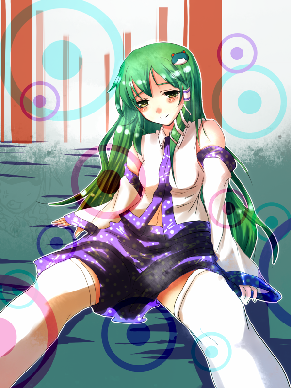 irusu, kochiya sanae, touhou, 1girl, blush, detached sleeves, female focus, green hair, hair ornament, hairclip, japanese clothes, long hair, miko, skirt, smile, solo, thighhighs, white thighhighs