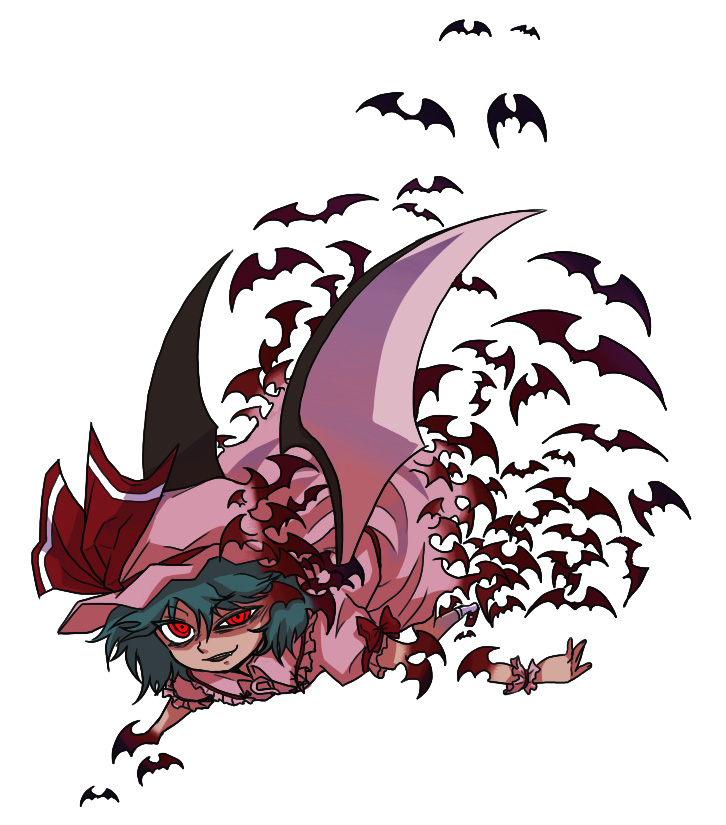 kty (04), remilia scarlet, touhou, 1girl, bat (animal), bat wings, female focus, full body, hat, red eyes, short hair, simple background, solo, vampire, white background, wings