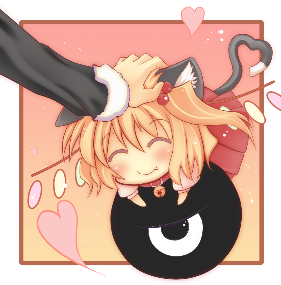 kiyomin, backbeard, flandre scarlet, gegege no kitarou, touhou, 1girl, animal ears, bell, cat ears, cat girl, cat tail, chibi, closed eyes, collar, female focus, hair ornament, head pat, headpat, heart, heart tail, jingle bell, kemonomimi mode, neck bell, solo focus, tail