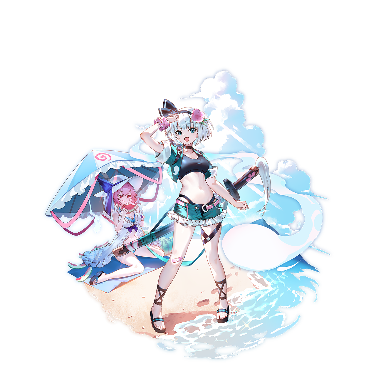 u u zan, konpaku youmu, konpaku youmu (ghost), saigyouji yuyuko, touhou, touhou gensou eclipse, clothing request, commentary request, game cg, highres, non-web source, official art, second-party source, 2girls, alternate costume, alternate headwear, bandaid, bandaid on leg, beach, belt, black choker, black hairband, black sports bra, breasts, choker, cleavage, cloud, eating, flower, food, footprints, fruit, green eyes, green shorts, green vest, grey hair, hair flower, hair ornament, hairband, hat, hitodama, hitodama print, holding, holding food, holding fruit, looking at viewer, midriff, multiple girls, navel, open belt, open clothes, open mouth, open vest, outdoors, pink belt, pink flower, pink hair, red eyes, sand, scrunchie, sheath, sheathed, short sleeves, shorts, sitting, smile, sports bra, sword, sword on back, thigh strap, thighs, transparent background, umbrella, vest, wariza, water, watermelon, watermelon slice, weapon, weapon on back, white hat, wrist scrunchie
