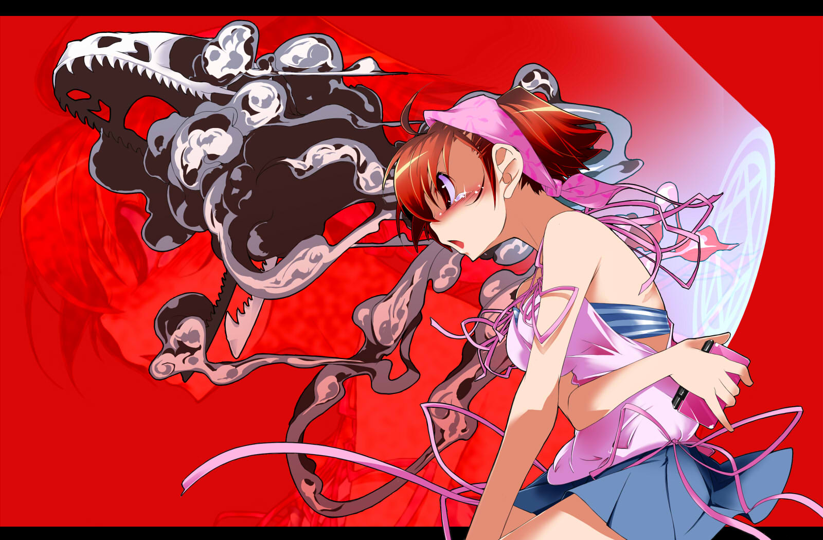 yomi, yomi (incubator), tanigawa yuzu, devil survivor (series), devil survivor 1, striped, highres, 1girl, bandana, blush, camisole, demon, demon (megami tensei), female focus, handheld game console, nintendo ds, red eyes, red hair, ribbon, short hair, skirt, solo, summoning, tears