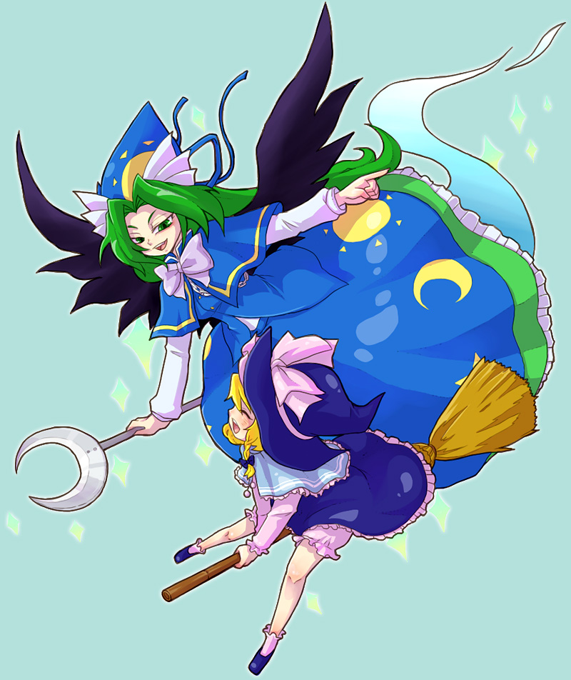 kty (04), kirisame marisa, kirisame marisa (pc-98), mima (touhou), the story of eastern wonderland, touhou, touhou (pc-98), 2girls, blonde hair, broom, female focus, green eyes, green hair, hair ribbon, hat, long hair, multiple girls, ribbon, wings, witch, witch hat, wizard hat