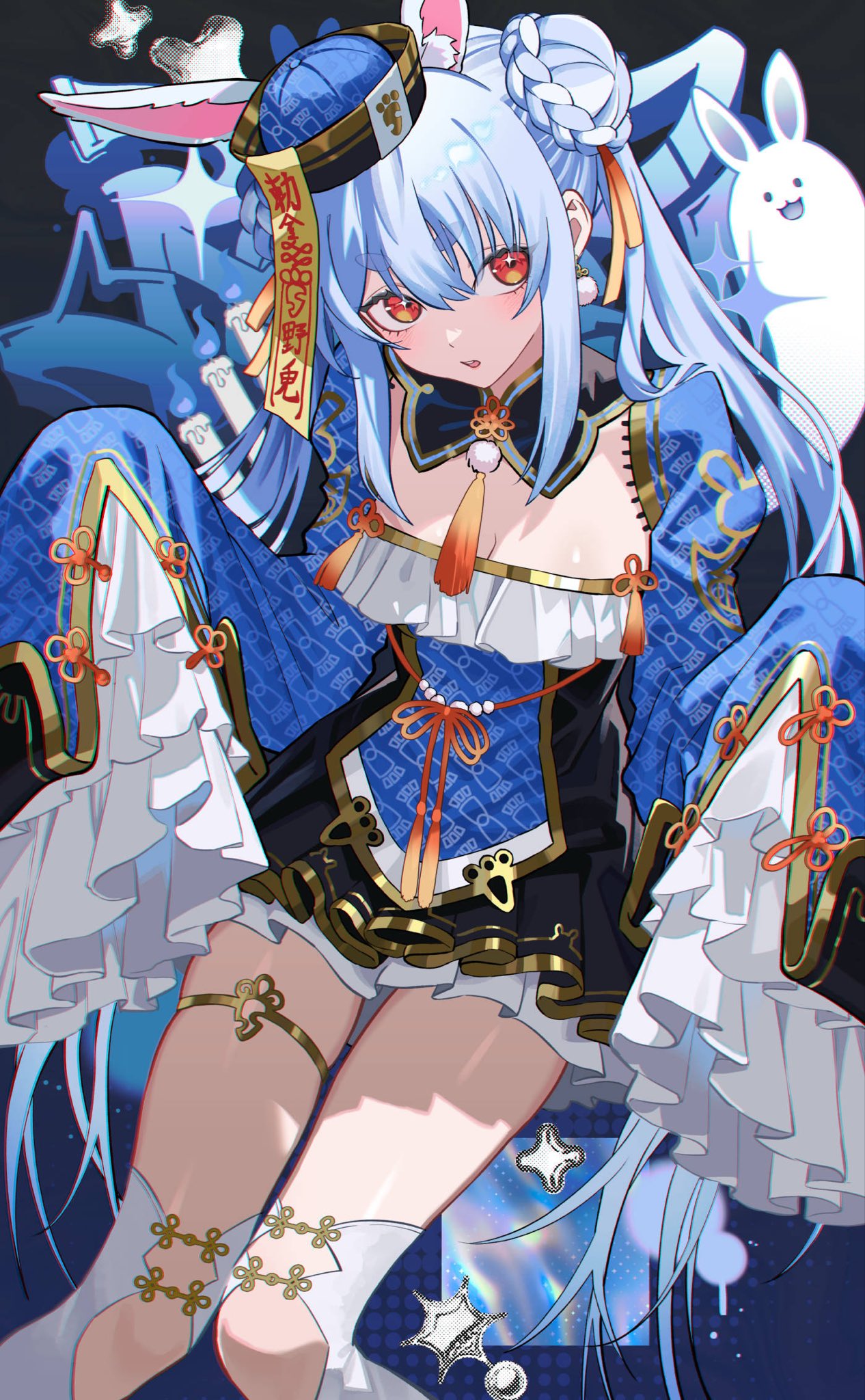 kygraffiti, usada pekora, hololive, highres, 1girl, animal ears, blue hair, blue robe, braid, braided bun, breasts, choppy bangs, cleavage, cropped legs, detached collar, detached sleeves, double bun, frilled sleeves, frills, hair bun, jiangshi costume, long sleeves, open mouth, orange eyes, pleated skirt, rabbit ears, robe, sidelocks, sitting, skirt, sleeves past fingers, sleeves past wrists, star (symbol), star in eye, symbol in eye, talisman, thick eyebrows, very long sleeves, virtual youtuber
