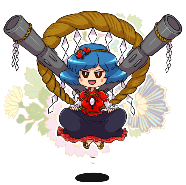 kty (04), yasaka kanako, touhou, 1girl, blue hair, cannon, female focus, floating, gun, hair ornament, leaf hair ornament, levitation, mirror, onbashira, rope, sandals, shide, shimenawa, short hair, solo, weapon, zouri