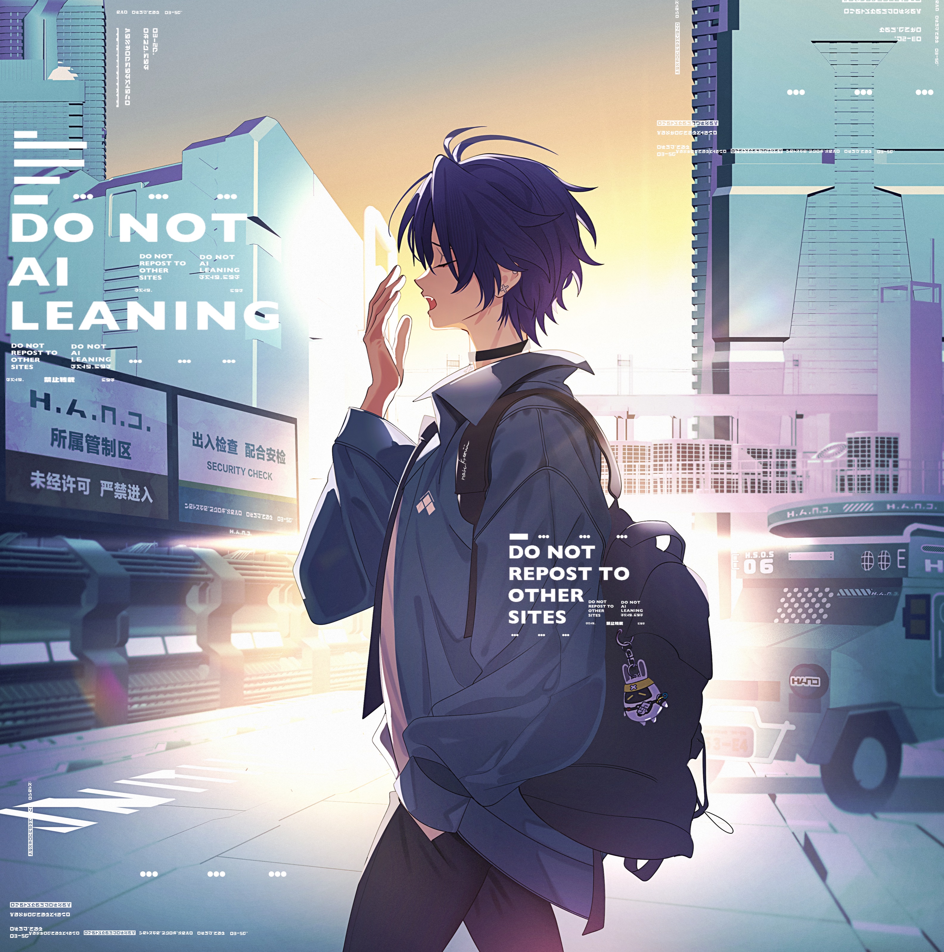 naru9, asaba harumasa, asaboo (zenless zone zero), bangboo (zenless zone zero), zenless zone zero, absurdres, highres, 1boy, backpack, bag, bag charm, billboard, black hair, black pants, blue jacket, bridge, building, car, charm (object), choker, closed eyes, earrings, english text, fang, from side, hand in pocket, jacket, jewelry, male focus, motor vehicle, open mouth, pants, pedestrian bridge, shirt, short hair, sky, skyscraper, solo, white shirt, yawning, yellow sky