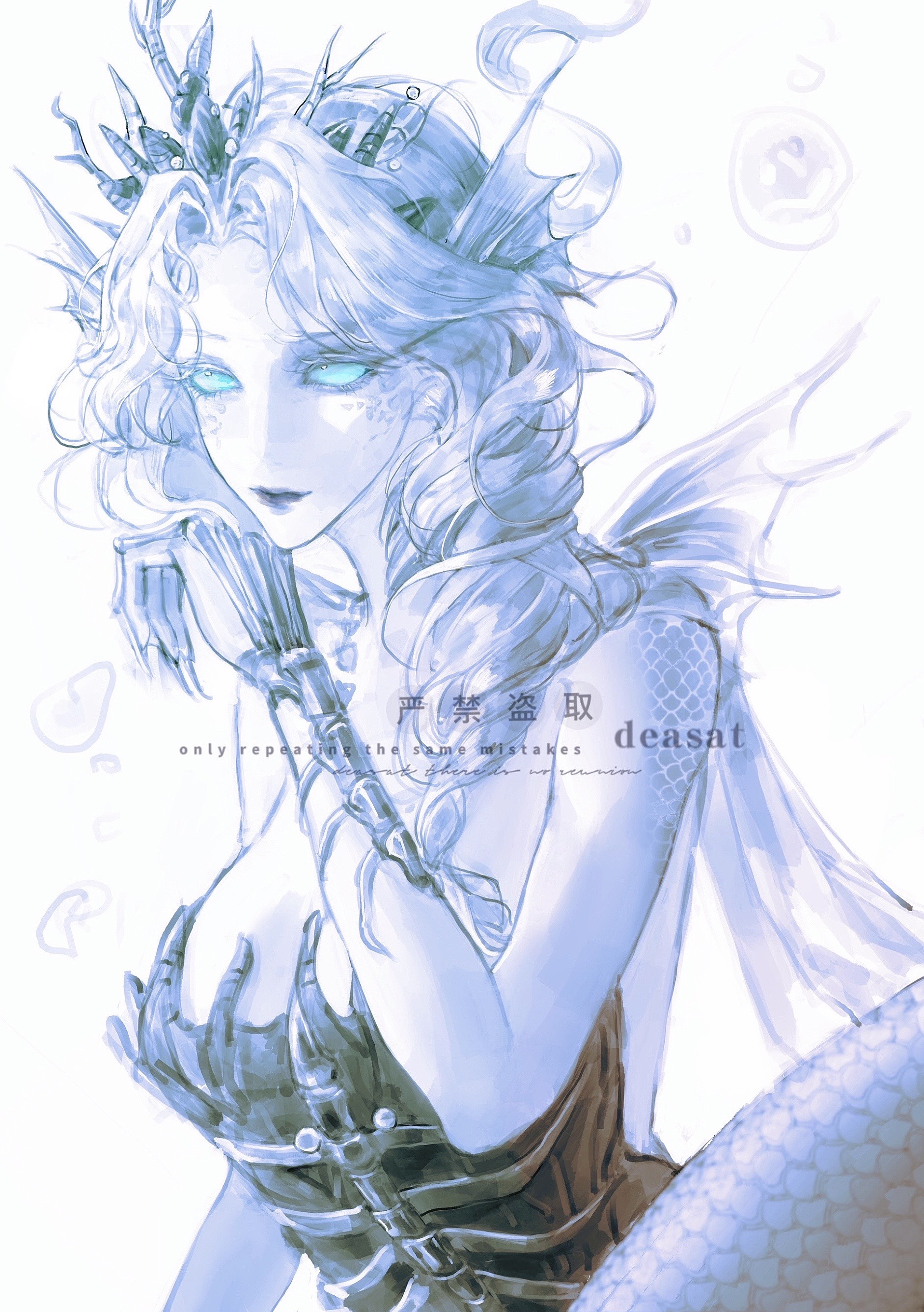 grace (halberd of silence) (identity v), grace (identity v), identity v, absurdres, highres, 1girl, aqua eyes, aqua sclera, bare shoulders, black lips, breasts, bubble, cleavage, colored eyelashes, colored sclera, colored skin, crown, english text, gills, hair intakes, scales, shikouquan, solid eyes, white background, white eyelashes, white hair, white skin