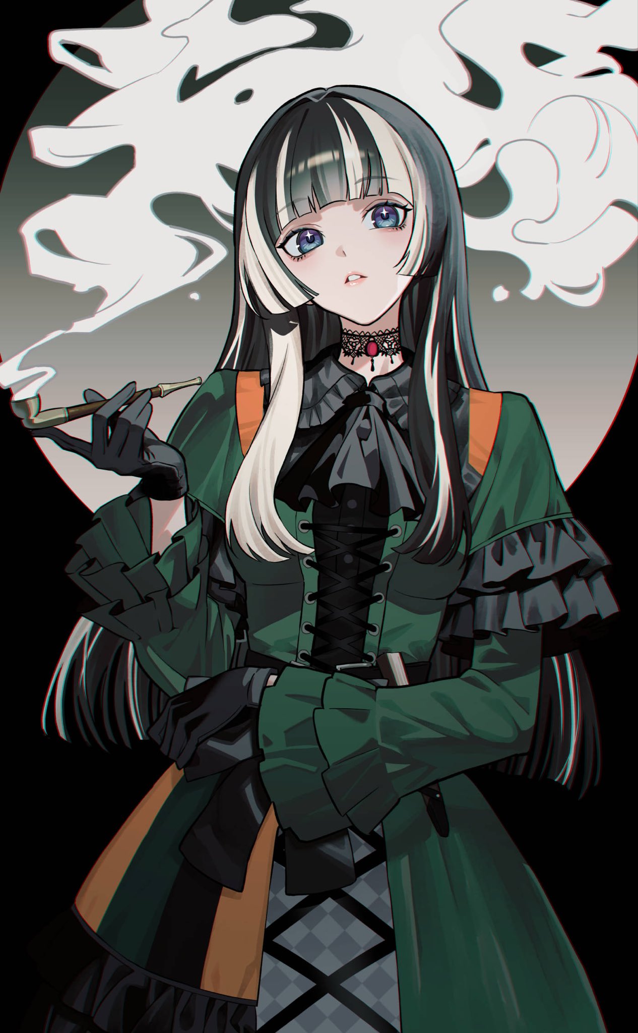 kygraffiti, juufuutei raden, hololive, highres, 1girl, ascot, black ascot, black choker, black gloves, blonde hair, blue eyes, blue hair, blunt bangs, checkered clothes, checkered skirt, choker, dress, frilled dress, frilled sleeves, frills, gloves, gothic lolita, green dress, hime cut, lolita fashion, long hair, looking at viewer, multicolored hair, parted lips, pink lips, sidelocks, simple background, skirt, smoke, smoking pipe, standing, streaked hair, virtual youtuber