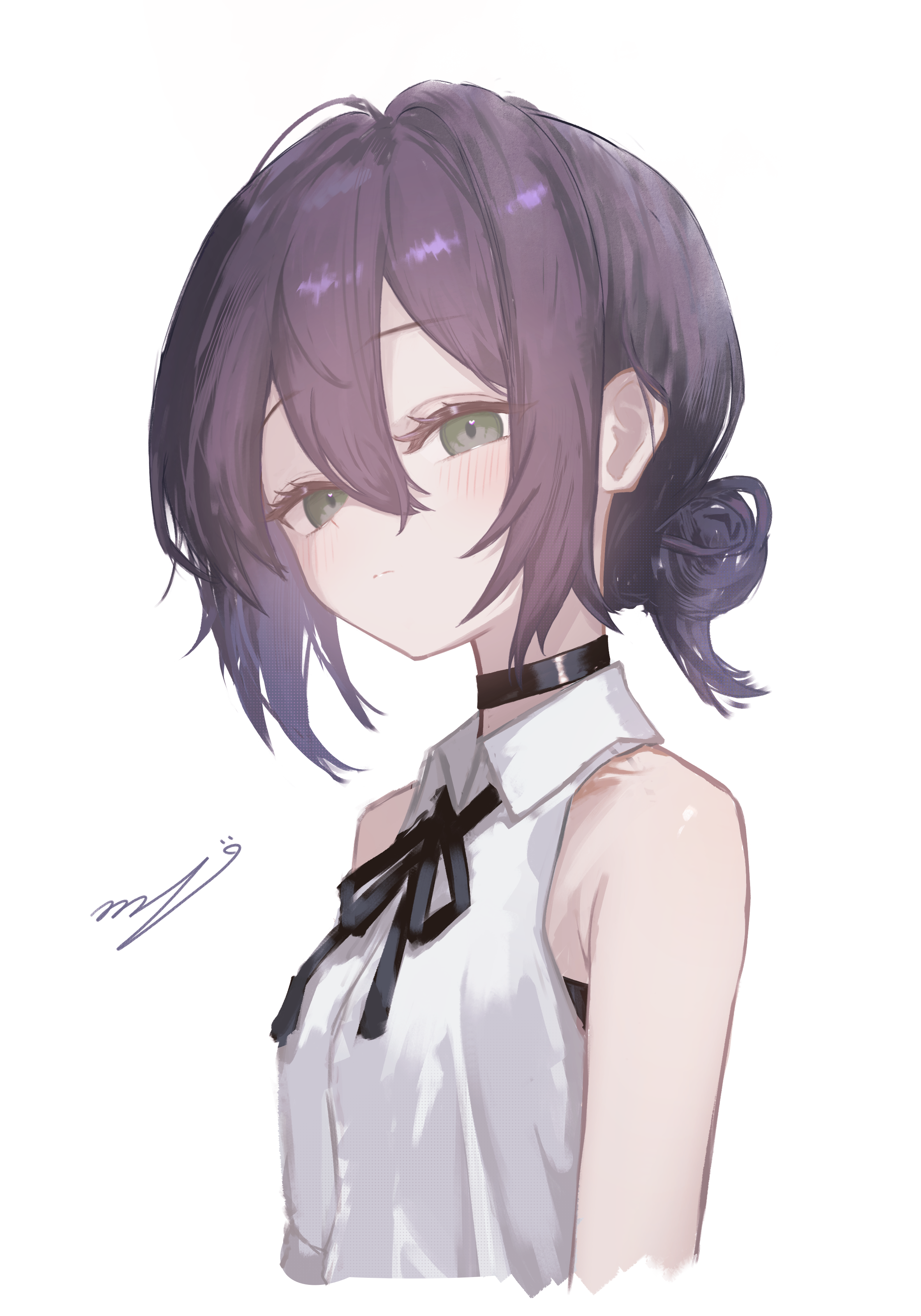 rns, reze (chainsaw man), chainsaw man, absurdres, highres, 1girl, black choker, black ribbon, choker, collared shirt, green eyes, hair between eyes, hair bun, looking at viewer, neck ribbon, purple hair, ribbon, shirt, short hair, signature, simple background, sleeveless, sleeveless shirt, solo, white background, white shirt