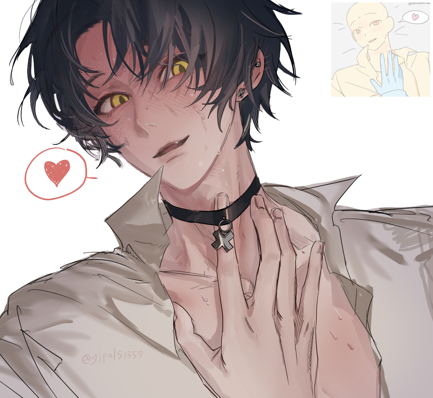 gjpal51357, asaba harumasa, zenless zone zero, highres, 1boy, black hair, blush, choker, collarbone, earrings, fang, hand on own chest, heart, jewelry, looking at viewer, male focus, open mouth, pectoral cleavage, pectorals, reference inset, shirt, short hair, solo, spoken heart, sweat, unbuttoned, unbuttoned shirt, white background, white shirt