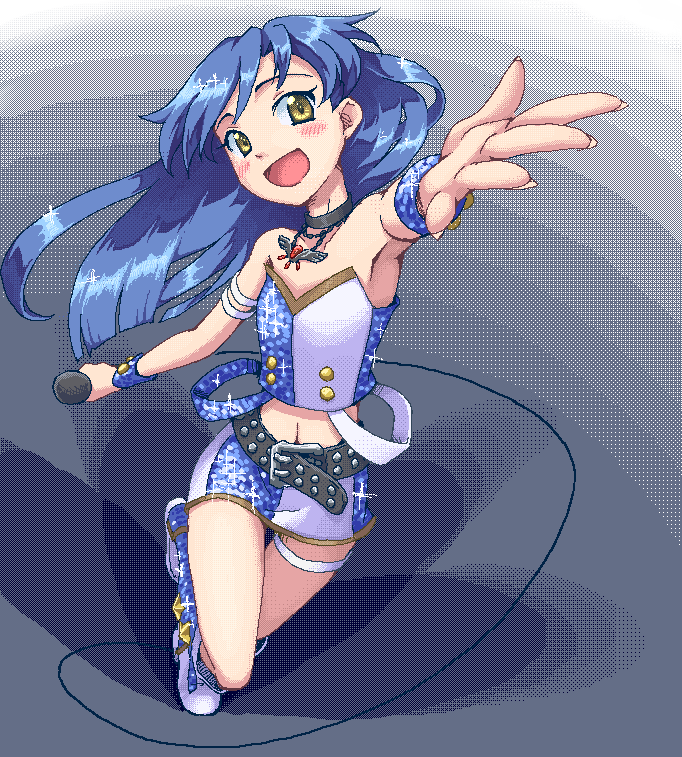 hakkaku shikimi, kisaragi chihaya, idolmaster, idolmaster (classic), 00s, 1girl, 4bpp, armpits, belt, blue hair, blush, boots, choker, cool & sexy (idolmaster), dithering, female focus, flat chest, foreshortening, jewelry, laughing, long hair, microphone, midriff, miniskirt, navel, necklace, oekaki, skirt, smile, solo, tank top, wristband, yellow eyes