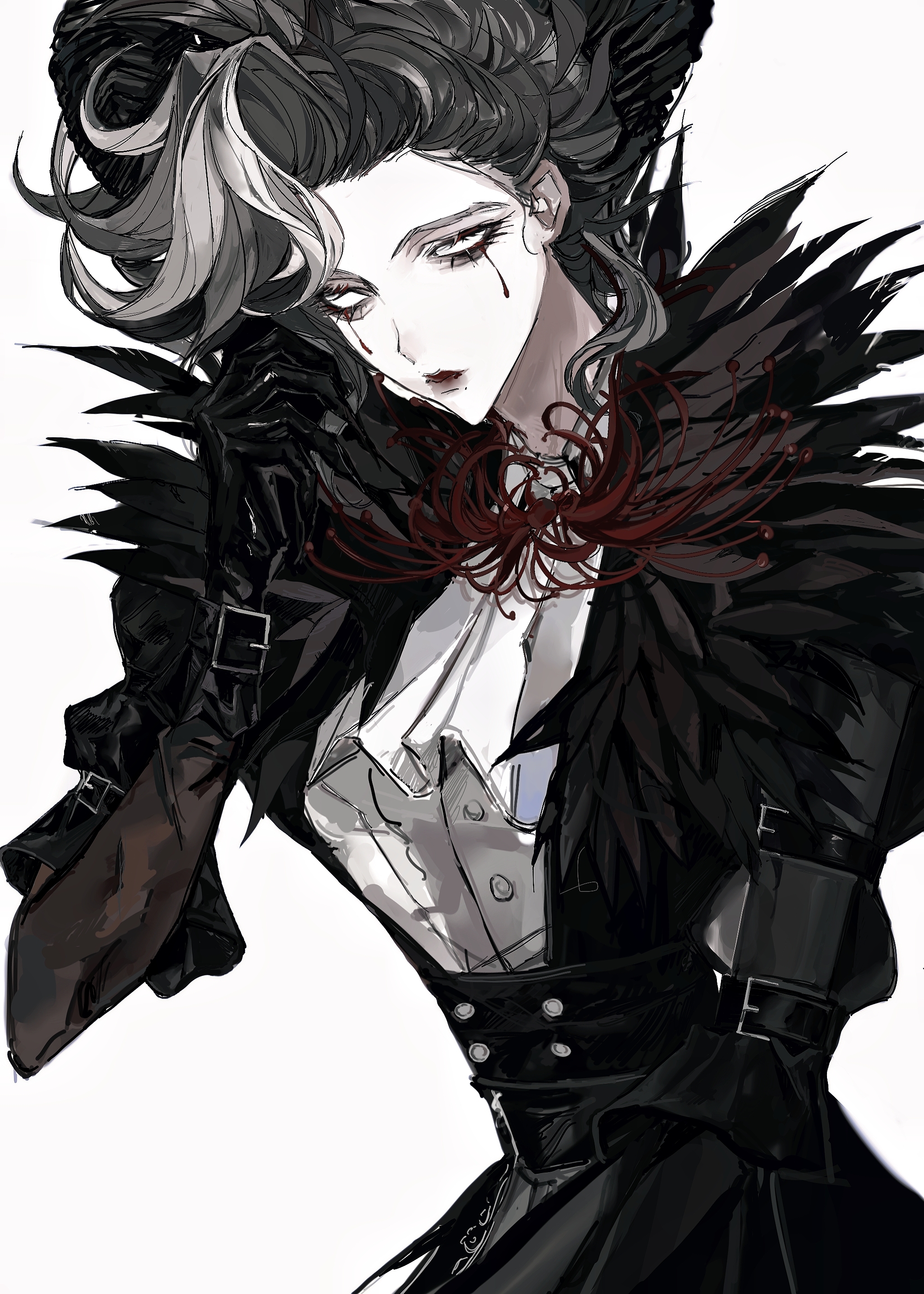 sangria (identity v), identity v, absurdres, highres, 1girl, ascot, black gloves, blank eyes, brown hair, claws, feather-trimmed jacket, flower, fxugxuxf, gloves, hair pulled back, makeup, mole, mole under mouth, official alternate costume, red flower, red lips, runny makeup, shirt, three-quarter sleeves, wavy hair, white ascot, white background, white shirt