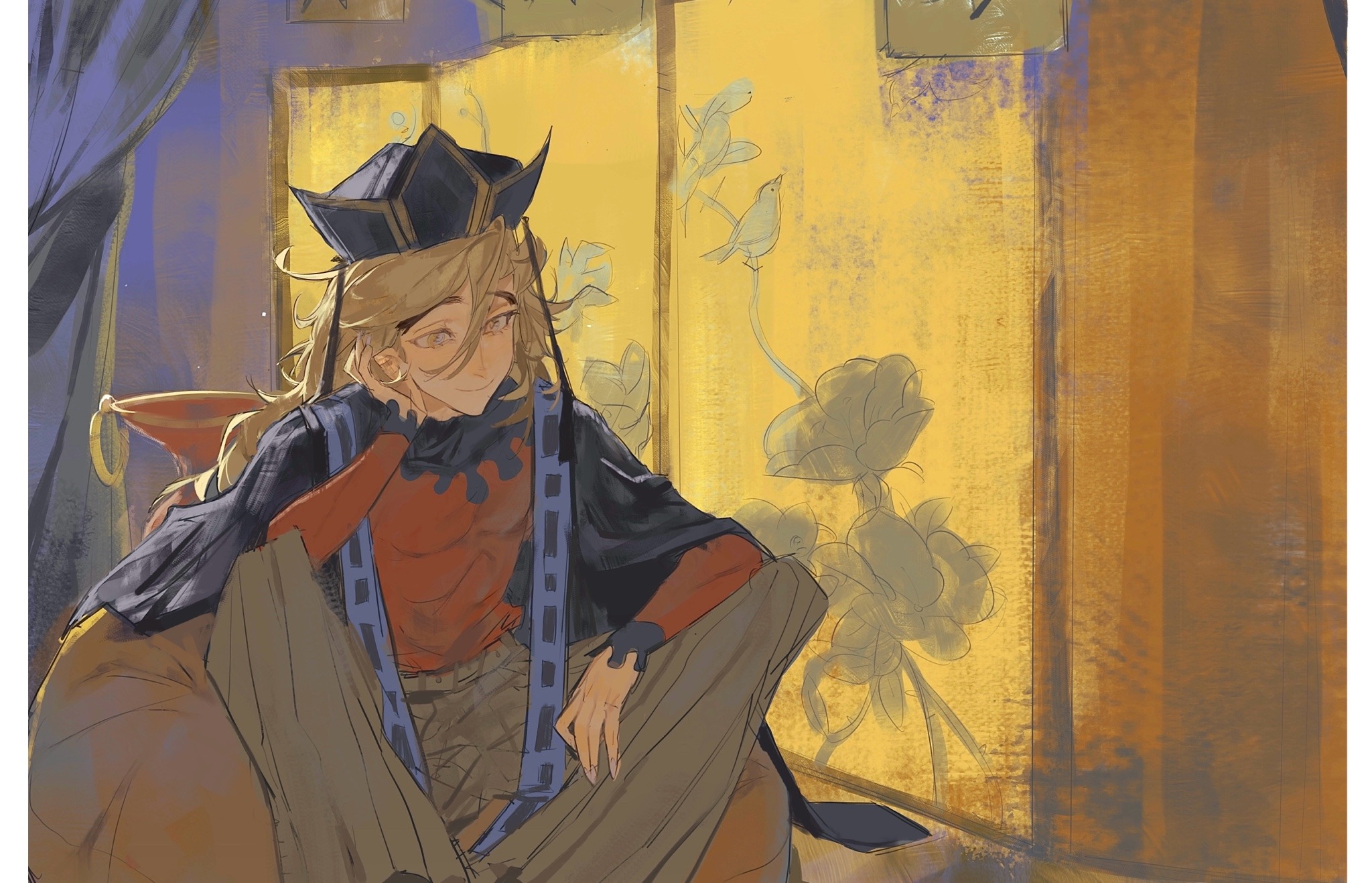 moonsoupss, douma (kimetsu no yaiba), kimetsu no yaiba, highres, 1boy, black cape, black hat, blonde hair, cape, hakama, hakama pants, hat, indoors, japanese clothes, looking at viewer, male focus, medium hair, multicolored eyes, muscular, muscular male, pants, paper wall, rainbow eyes, red shirt, shirt, sitting, smile, white hakama