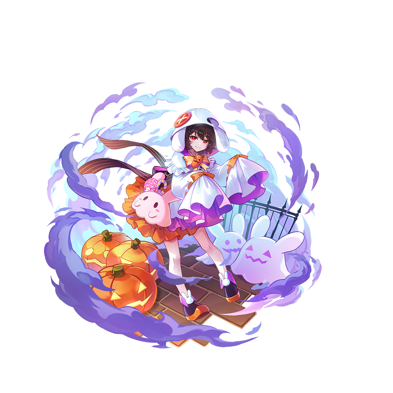u u zan, inaba tewi, touhou, touhou gensou eclipse, game cg, highres, non-web source, official art, second-party source, 1girl, alternate costume, animal ears, back bow, bag, boots, bow, bowtie, brown hair, candy, candy cane, carrot pin, closed mouth, floppy ears, food, full body, halloween costume, hood, hood up, jack-o'-lantern, lollipop, long sleeves, looking at viewer, orange bow, orange bowtie, orange skirt, pumpkin, purple boots, rabbit ears, rabbit girl, red eyes, skirt, sleeves past fingers, sleeves past wrists, smile, solo, swirl lollipop, transparent background, white hood, wide sleeves
