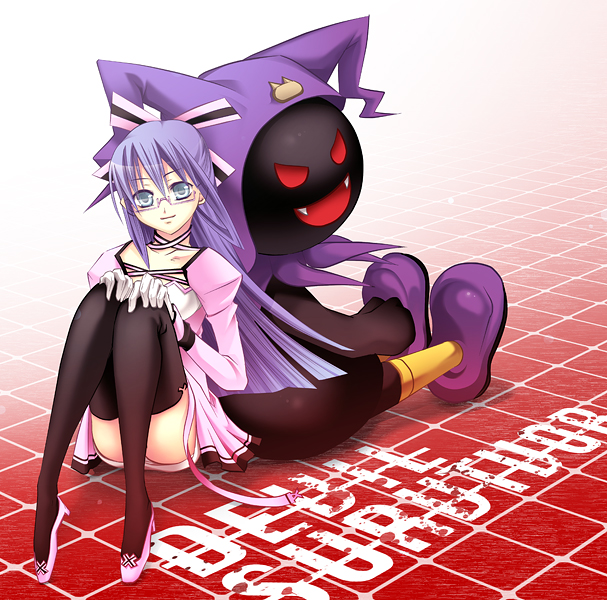 asagi shion, sen negi shion, black frost, komaki midori, devil survivor (series), devil survivor 1, bad id, bad pixiv id, 1girl, back-to-back, black thighhighs, blue eyes, blue hair, choker, demon (megami tensei), flats, glasses, gloves, ribbon, sitting, skirt, thighhighs