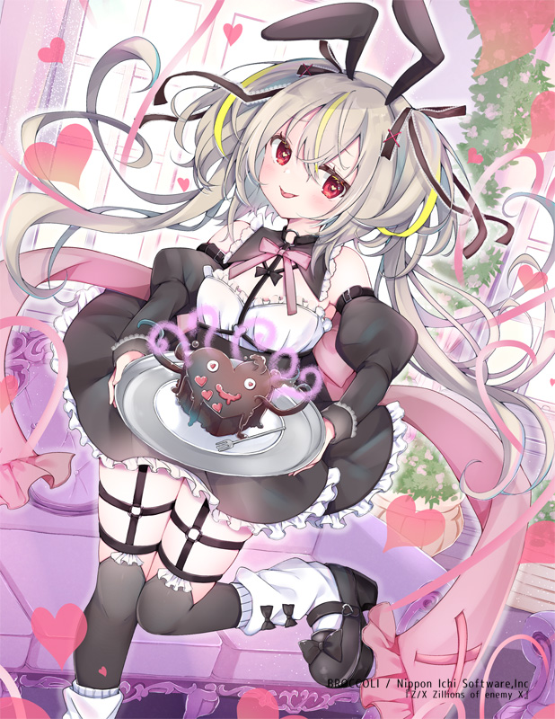 satsuki mayuri, z/x, official art, 1girl, animal ears, black bow, black dress, black ribbon, black shoes, blonde hair, bow, bow legwear, candy, chocolate, chocolate heart, copyright notice, couch, detached sleeves, dress, floating hair, food, fork, grey hair, hair between eyes, hair ribbon, hastur (z/x), heart, heart-shaped food, heart-shaped pupils, holding, holding plate, indoors, looking at viewer, loose socks, multicolored hair, plate, rabbit ears, red eyes, ribbon, shoes, socks, solo, standing, standing on one leg, symbol-shaped pupils, tongue, tongue out, twintails