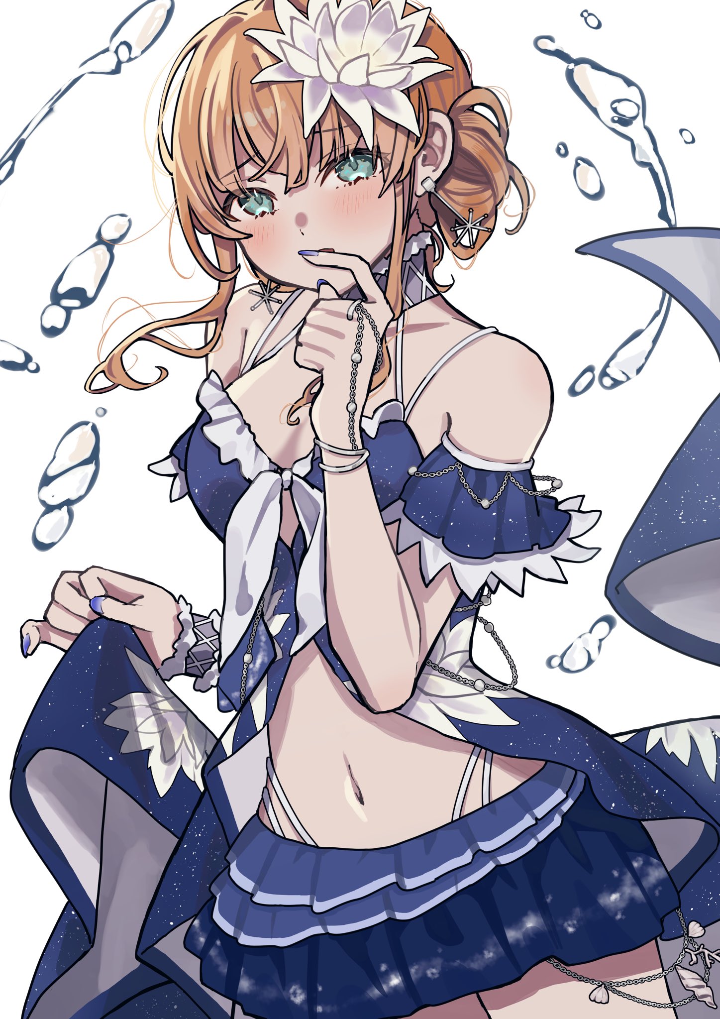 lilac (li lac 3), hinoshita kaho, link! like! love live!, love live!, highres, 1girl, aqua eyes, atarayo hanabi, bikini, blue bikini, blush, breasts, cleavage, cowboy shot, flower, frilled bikini, frills, front-tie bikini top, front-tie top, hair bun, hair flower, hair ornament, large breasts, looking at viewer, lotus, multi-strapped bikini bottom, multi-strapped bikini top, navel, official alternate costume, open mouth, orange hair, raised inner eyebrows, short hair with long locks, sidelocks, single side bun, solo, swimsuit, virtual youtuber, white flower