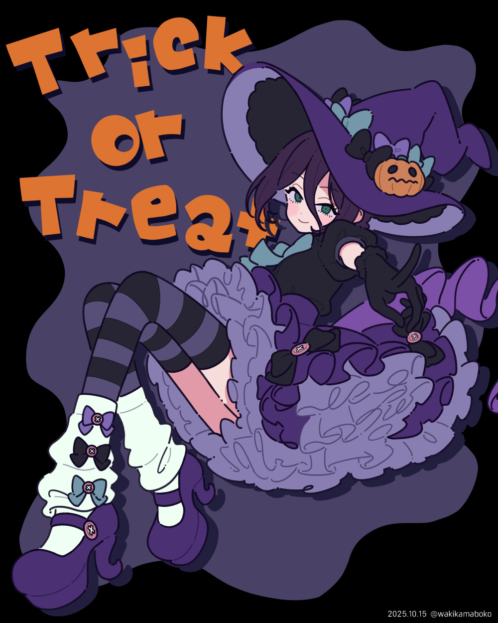 neki (wakiko), reze (chainsaw man), chainsaw man, commentary request, highres, black background, black bow, black gloves, black shirt, blue bow, bow, closed mouth, full body, gloves, green eyes, grey background, hair between eyes, hat, high heels, jack-o'-lantern, outstretched arm, puffy short sleeves, puffy sleeves, purple bow, purple hair, purple hat, purple shoes, purple skirt, shirt, shoes, short sleeves, skirt, smile, socks, socks over thighhighs, trick or treat, two-tone background, white socks, witch hat