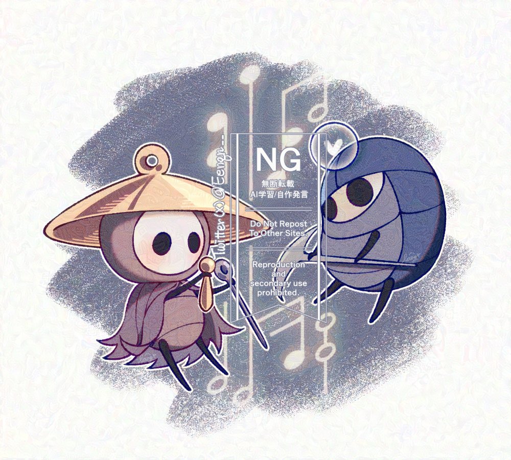 myla (hollow knight), sherma (hollow knight), hollow knight, hollow knight: silksong, commentary, 1boy, 1girl, arthropod boy, arthropod girl, black eyes, eenqn, hat, holding, holding pickaxe, musical note, needle, pickaxe, sewing needle, trait connection, watermark