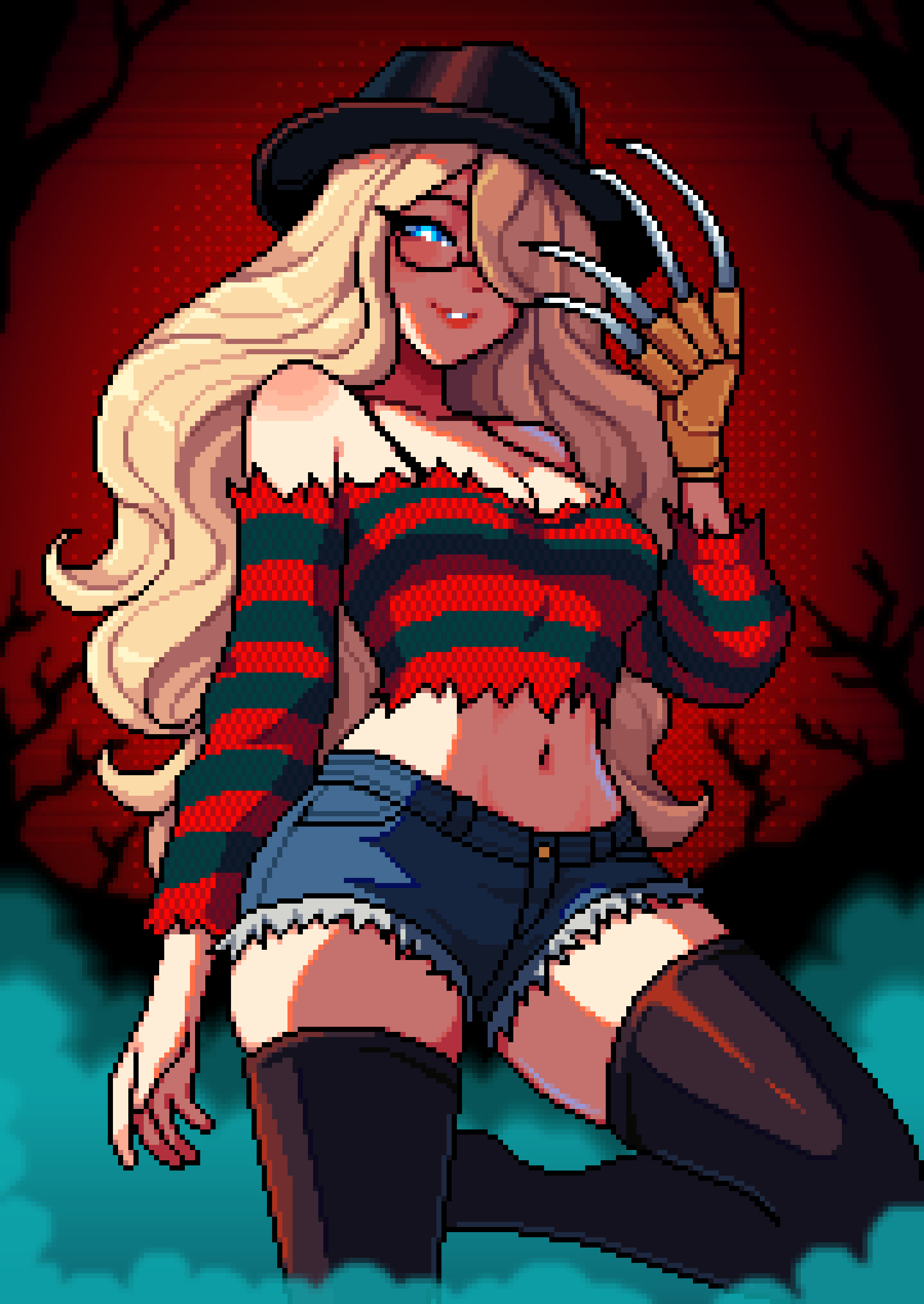 yumykon, freddy krueger, kana fujisawa, a nightmare on elm street, yumyverse, absurdres, commentary, english commentary, highres, 1girl, aseprite (medium), bare shoulders, black thighhighs, blonde hair, blue eyes, breasts, bright pupils, cleavage, cosplay, freddy krueger (cosplay), glasses, hat, long hair, looking at viewer, midriff, navel, parted lips, pixel art, solo, thighhighs, white pupils