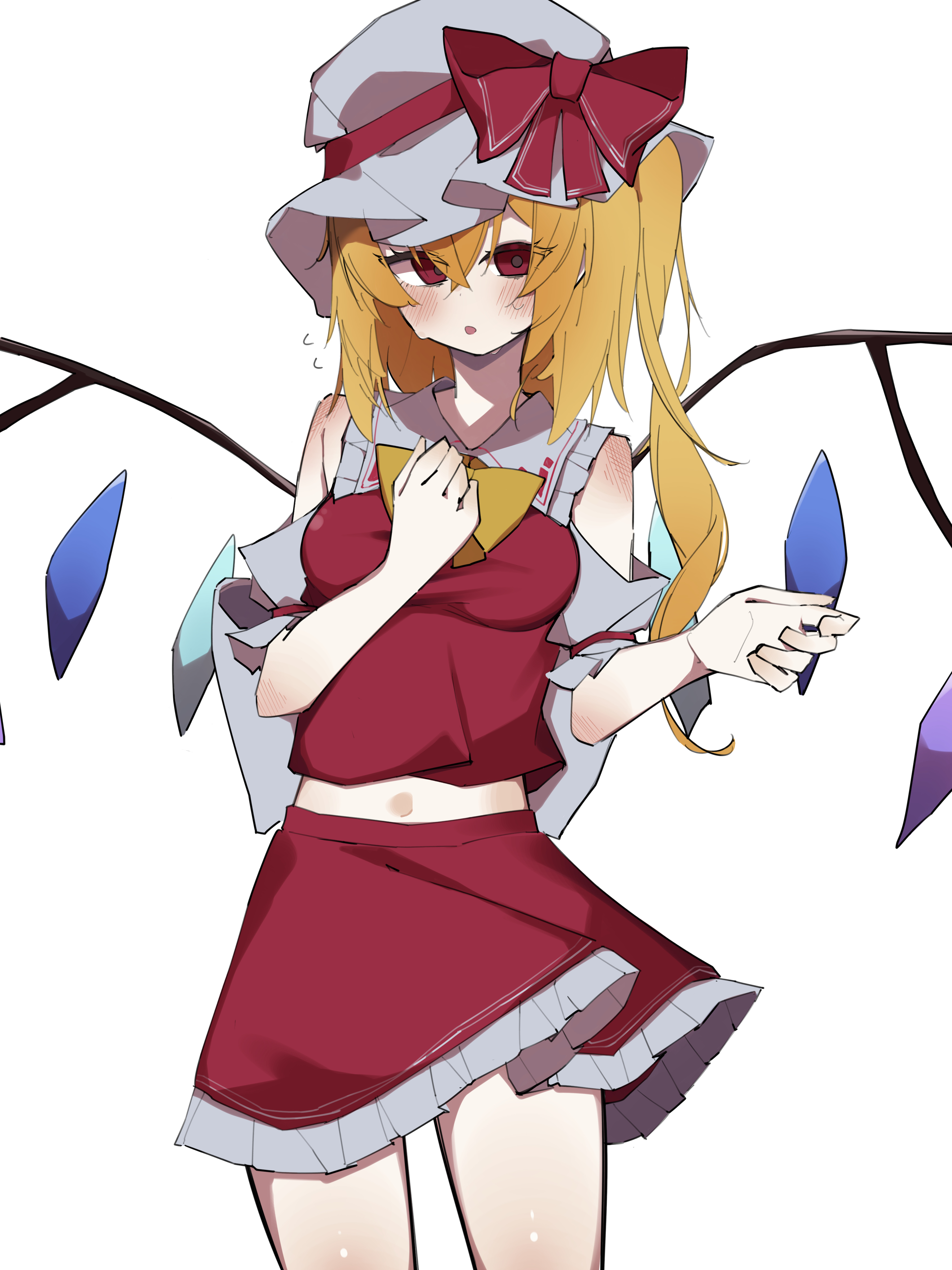 miraruuts1231, flandre scarlet, embodiment of scarlet devil, touhou, absurdres, highres, 1girl, ascot, blonde hair, blush, bow, cowboy shot, crystal, crystal wings, detached sleeves, flying sweatdrops, hat, hat ribbon, looking at viewer, midriff, mob cap, navel, red eyes, red ribbon, red skirt, red vest, ribbon, shirt, short sleeves, side ponytail, simple background, skirt, solo, sweat, thighs, vest, white background, white hat, wings, yellow ascot