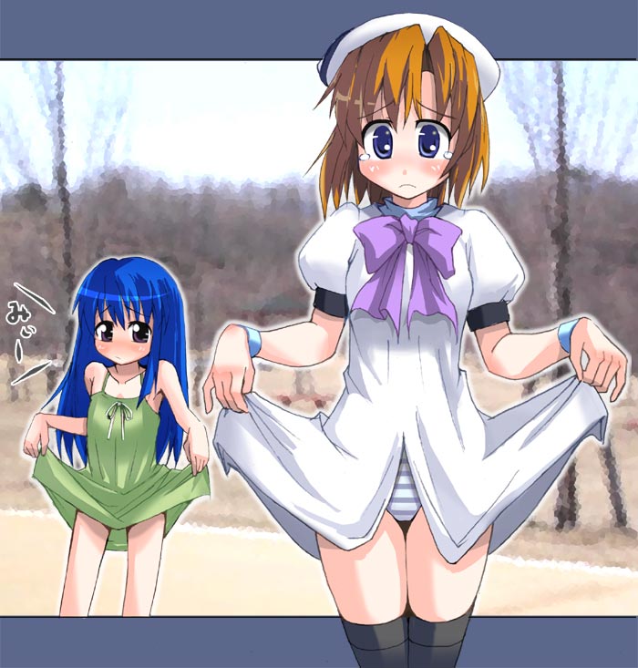 una (dpaxg), furude rika, ryuuguu rena, higurashi no naku koro ni, 00s, 2girls, black eyes, blue eyes, blue hair, brown hair, clothes lift, dress, dress lift, green skirt, hat, long hair, multiple girls, orange hair, panties, pantyshot, short hair, skirt, striped clothes, striped panties, tears, thighhighs, underwear