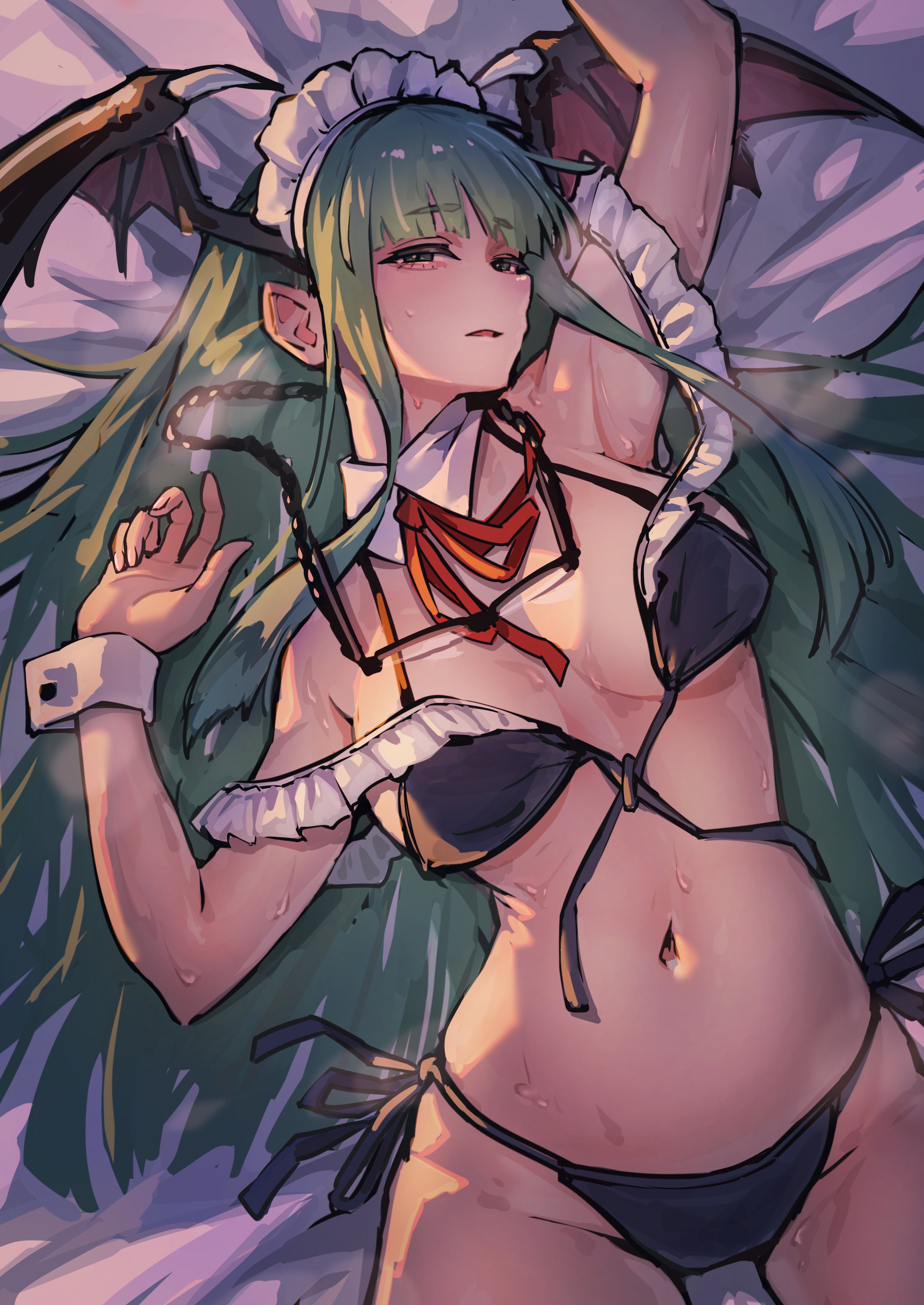 ap cammy, morrigan aensland, darkstalkers, absurdres, commentary request, highres, revision, 1girl, bikini, black bikini, black panties, breasts, demon wings, detached collar, frilled bikini, frills, glasses, green eyes, green hair, head wings, long sleeves, looking at viewer, lying, maid headdress, on bed, panties, solo, steaming body, sweat, swimsuit, underwear, wings