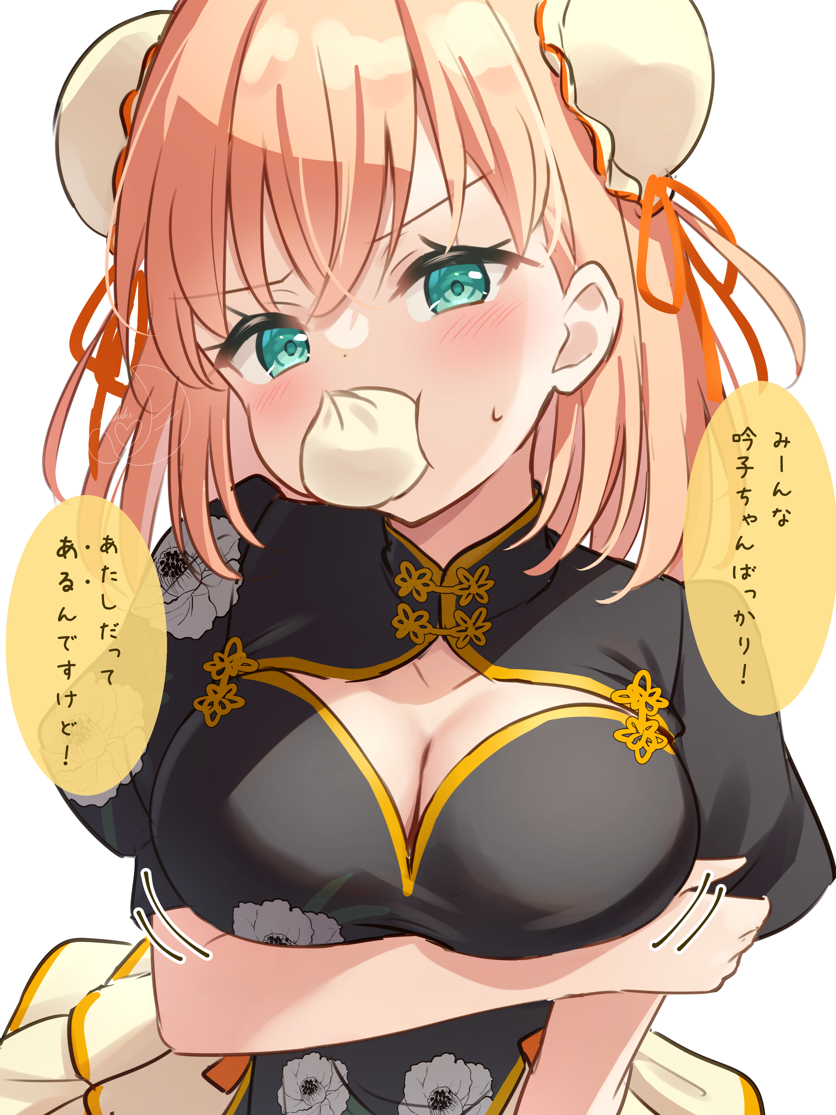 hanazora satsuki, hinoshita kaho, link! like! love live!, love live!, absurdres, commentary request, highres, revision, 1girl, aqua eyes, arm under breasts, black shirt, blush, bouncing breasts, breasts, bun cover, chinese clothes, cleavage, cleavage cutout, clothing cutout, collarbone, colored speech bubble, double bun, food, food in mouth, frilled skirt, frills, hair bun, hair ribbon, hand on own arm, hasu no sora pop up shop china collection, jealous, large breasts, looking at viewer, miniskirt, motion lines, mouth hold, official alternate costume, orange hair, orange ribbon, ribbon, shirt, simple background, skirt, solo, speech bubble, steamed bun, sweatdrop, upper body, v-shaped eyebrows, virtual youtuber, white background, yellow skirt