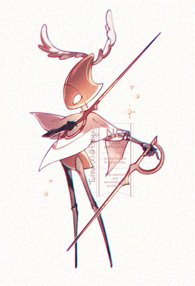 hollow knight, hollow knight: silksong, commentary, english commentary, 1other, capelet, dual wielding, eenqn, holding, holding sword, holding weapon, other focus, second sentinel (hollow knight), simple background, standing, sword, watermark, weapon, white background, white capelet, white eyes