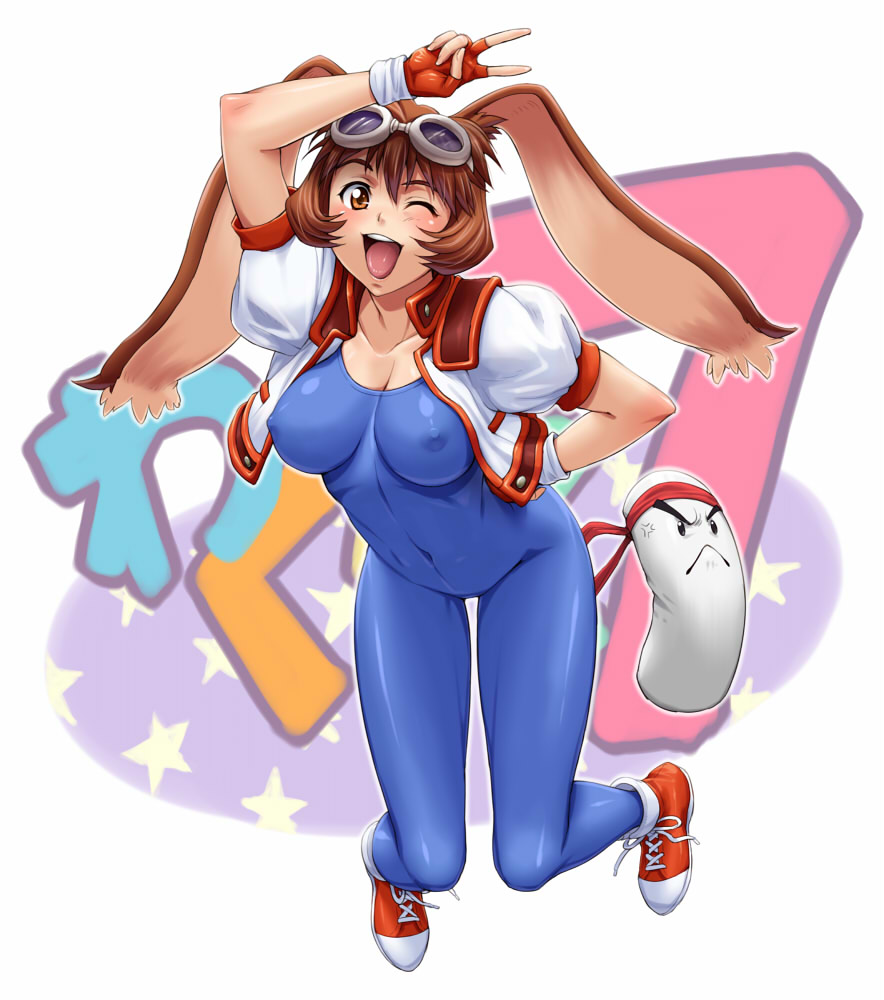 nigou, bonus-kun (waku waku 7), makihara arina, waku waku 7, 1girl, animal ears, blue bodysuit, bodysuit, breasts, covered erect nipples, covered navel, female focus, goggles, large breasts, latex, legs, long legs, looking at viewer, one eye closed, rabbit ears, skin tight, solo, thighs, wink