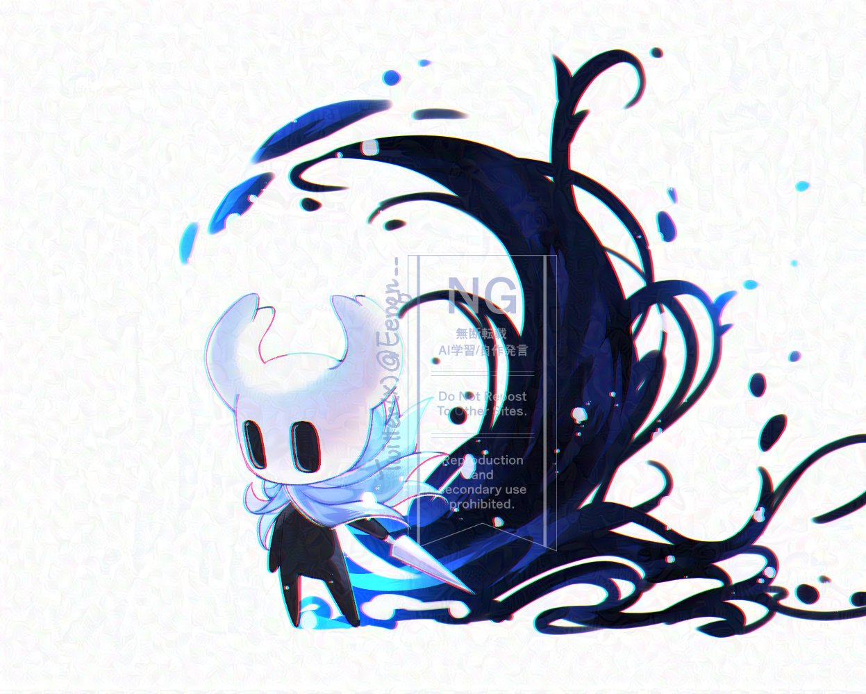 knight (hollow knight), hollow knight, commentary, english commentary, 1other, black eyes, black skin, cape, colored skin, eenqn, holding, holding weapon, hollow eyes, horns, nail (hollow knight), other focus, standing, weapon, white background