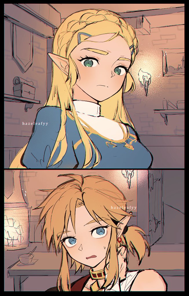 hazeleafyy, link, princess zelda, nintendo, the legend of zelda, the legend of zelda: breath of the wild, 1boy, 1girl, artist name, black border, blue eyes, blue shirt, border, braid, breasts, closed mouth, crown braid, earrings, furrowed brow, gold trim, green eyes, hair ornament, hair tie, hairclip, indoors, jewelry, light frown, long hair, looking at another, low ponytail, medium breasts, medium hair, parted bangs, parted lips, pointy ears, ponytail, shirt, sidelocks, single braid, sweatdrop, torn, upper body