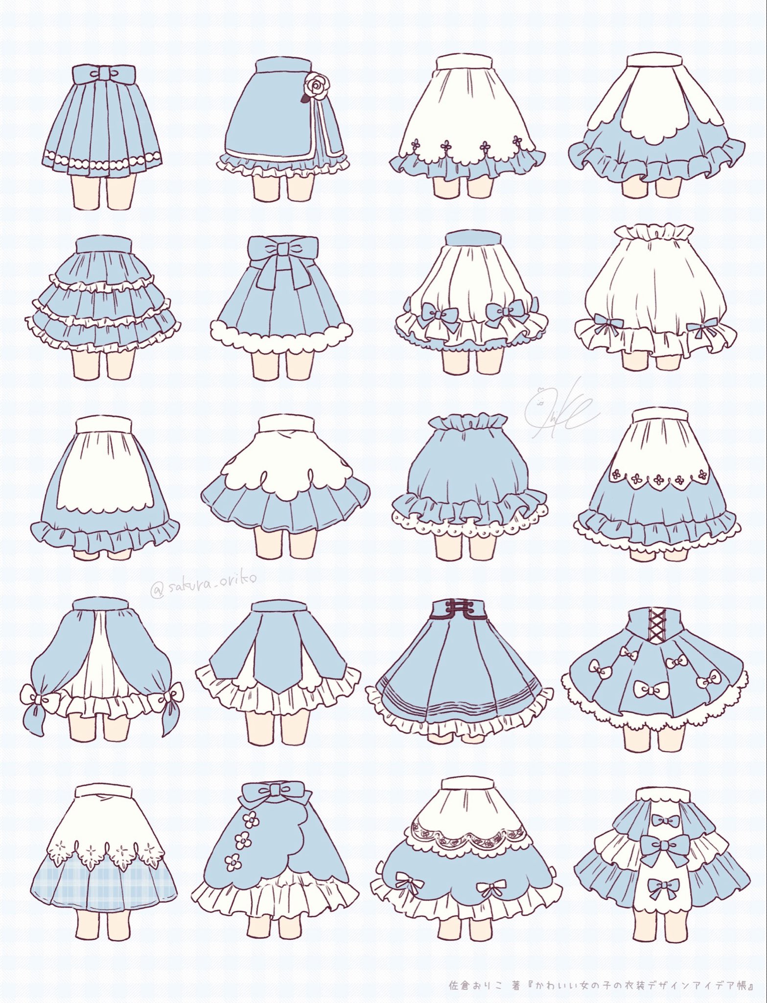 sakura oriko, original, commentary request, highres, 6+girls, apron, blue bow, blue skirt, bow, clothes focus, cropped legs, flower, frilled skirt, frills, layered skirt, lower body, multiple girls, plaid background, pleated skirt, rose, skirt, waist apron, white apron, white bow, white flower, white rose, white skirt