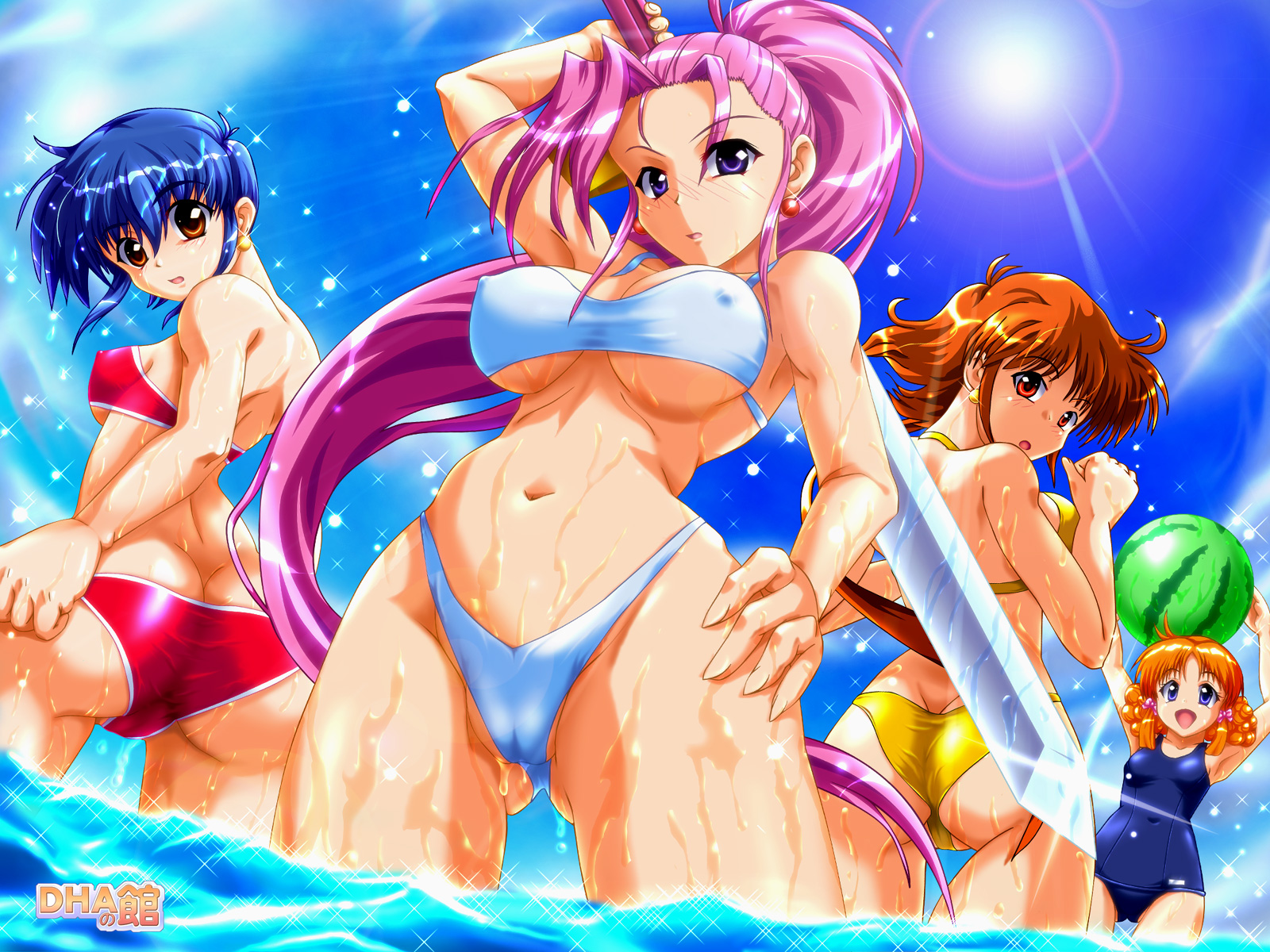 dha, hawlean province, julia lindum, leila grecny, menad shisei, menad sisei, kichikuou rance, rance (series), highres, 4girls, ass, bikini, blue eyes, blue hair, breasts, brown eyes, brown hair, butt crack, cameltoe, covered erect nipples, day, food, fruit, highleg, highleg bikini, large breasts, long hair, medium breasts, multiple girls, one-piece swimsuit, orange hair, pink hair, ponytail, purple eyes, red eyes, school swimsuit, short hair, small breasts, swimsuit, sword, underboob, watermelon, weapon, wet, wide hips