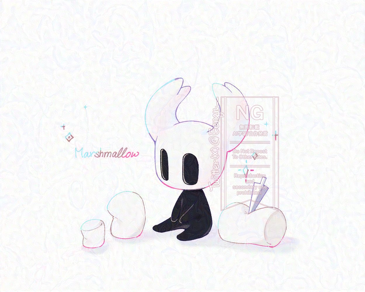 knight (hollow knight), hollow knight, commentary, english commentary, 1other, black eyes, black skin, colored skin, eenqn, english text, food, hollow eyes, horns, marshmallow, nail (hollow knight), no cape, other focus, sitting, sparkle, watermark, white background