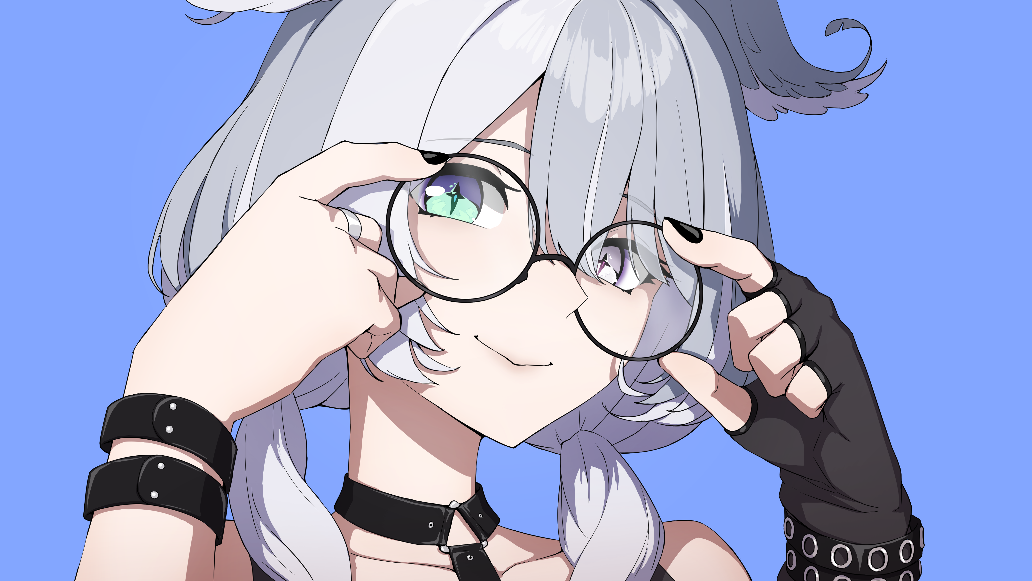 daydarion, elira pendora, elira pendora (goth), nijisanji, nijisanji en, absurdres, commentary, english commentary, highres, 1girl, :>, adjusting eyewear, aqua eyes, black nails, blue background, cross-shaped pupils, fingerless gloves, glasses, gloves, grey hair, head wings, heterochromia, jewelry, portrait, purple eyes, ring, simple background, single fingerless glove, solo, symbol-shaped pupils, virtual youtuber, wings