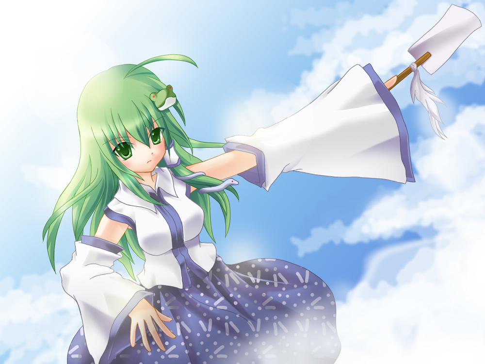 higashimura nagase, kinokino, kochiya sanae, touhou, 1girl, detached sleeves, female focus, frog, green eyes, green hair, japanese clothes, long hair, matching hair/eyes, miko, snake, solo