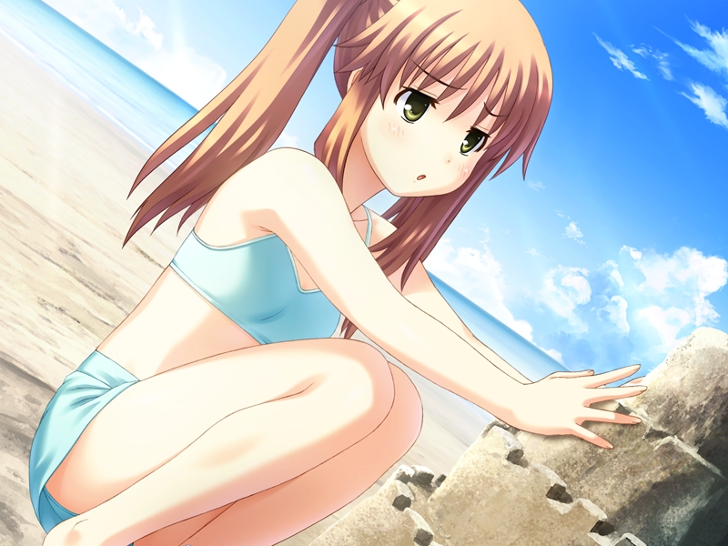 nekonyan, oosawa yuzu, sakaagari hurricane, game cg, non-web source, 1girl, :o, annoyed, barefoot, beach, bikini, brown hair, building sand sculpture, day, dutch angle, female focus, flat chest, green eyes, long hair, outdoors, sand castle, sand sculpture, solo, squatting, swimsuit, twintails