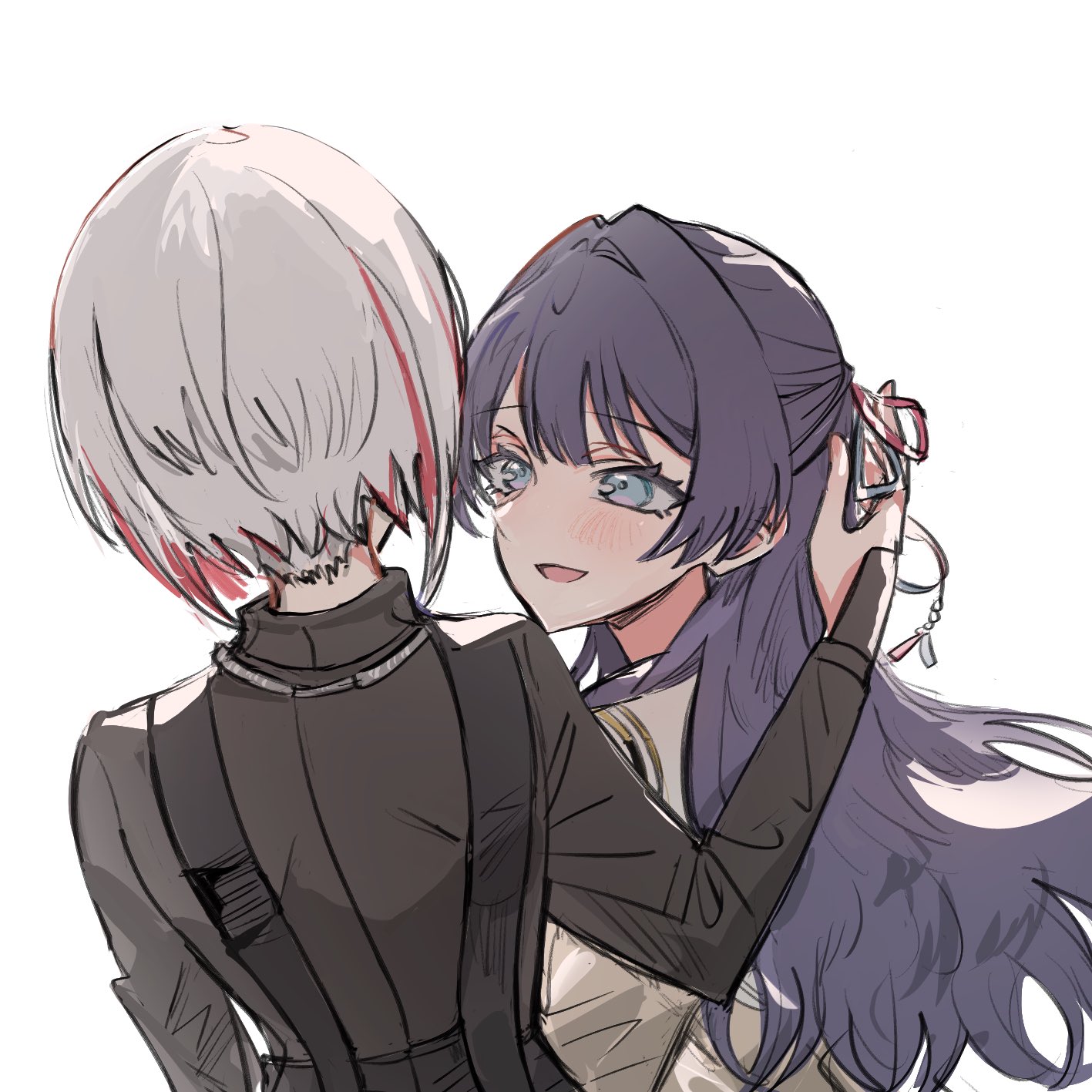 junjun (kimi-la), murano sayaka, yugiri tsuzuri, link! like! love live!, love live!, commentary, highres, 2girls, :d, backless vest, black shirt, black vest, blue eyes, cardigan, facing away, from behind, grey cardigan, grey hair, hair intakes, half updo, hasu no sora school uniform, long hair, looking at another, multicolored hair, multiple girls, open mouth, red hair, sailor collar, school uniform, shirt, short hair, simple background, smile, streaked hair, vest, virtual youtuber, white background, white sailor collar, winter uniform, yugiri tsuzuri (post-graduation)