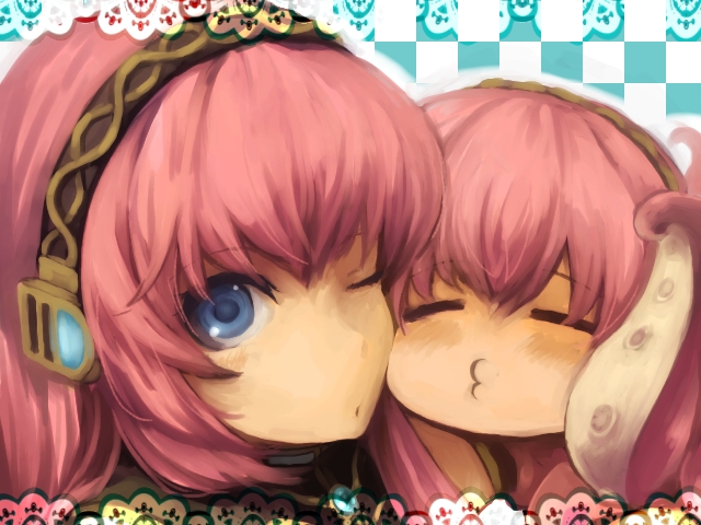oharu, megurine luka, takoluka, vocaloid, bad id, bad pixiv id, (-3-), :3, = =, blue eyes, caught, closed eyes, imminent kiss, incoming kiss, o3o, pink hair, wink