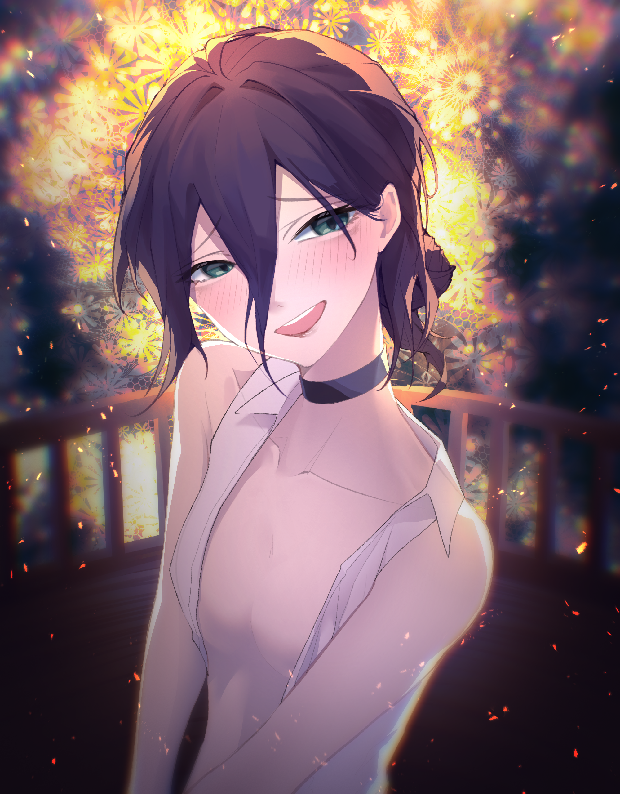 reze (chainsaw man), chainsaw man, absurdres, highres, 1girl, black choker, breasts, choker, collared shirt, flower, green eyes, hair between eyes, hair bun, medium hair, oolisa won, open clothes, open mouth, open shirt, purple hair, shirt, sleeveless, sleeveless shirt, small breasts, solo, white shirt, yellow flower