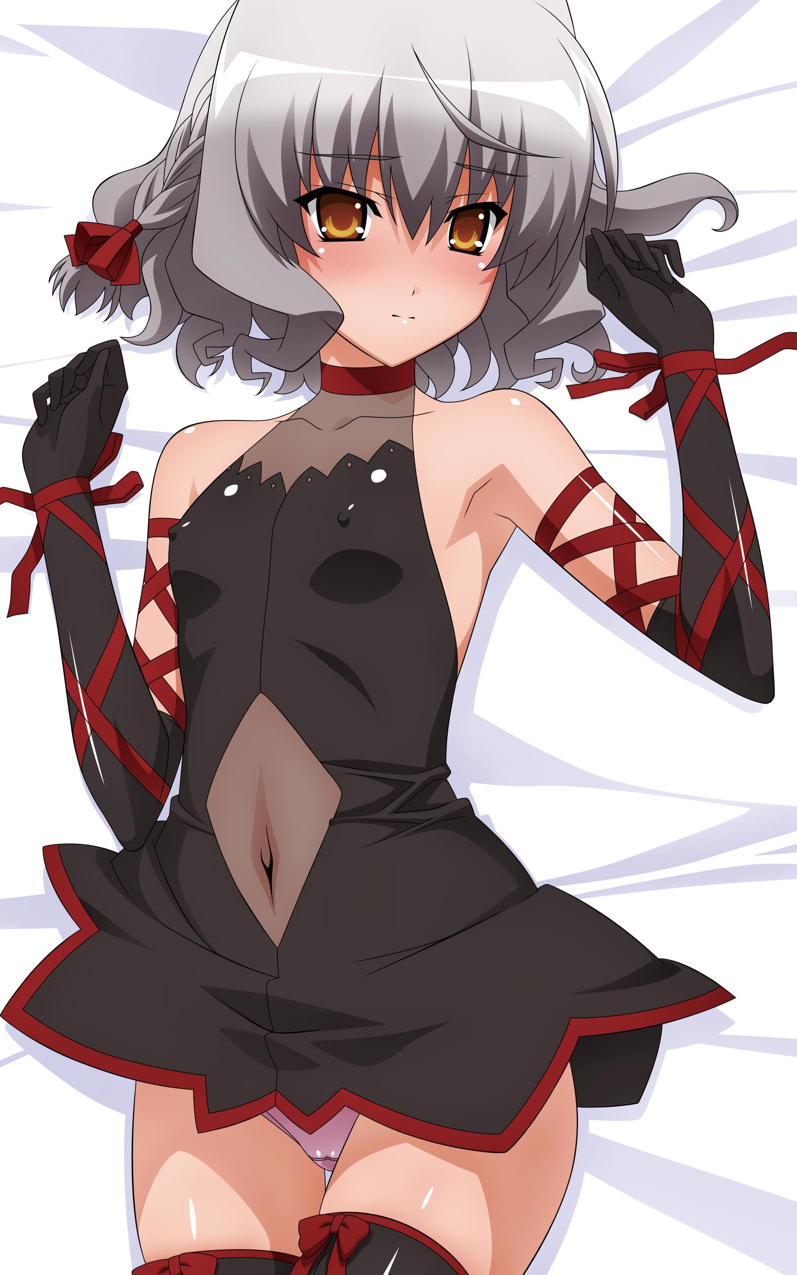 sugimura tomokazu, bell zephyr, night wizard, absurdres, highres, 00s, 1girl, ahoge, armpits, bed sheet, black thighhighs, blush, bow legwear, braid, clothes lift, covered collarbone, covered erect nipples, cowboy shot, dress, dress lift, elbow gloves, embarrassed, female focus, flat chest, from above, gloves, grey hair, hair between eyes, halterneck, indoors, legs together, navel, nipples, panties, pantyshot, raised eyebrows, see-through clothes, side braid, single braid, solo, thighhighs, underwear, wavy hair, yellow eyes