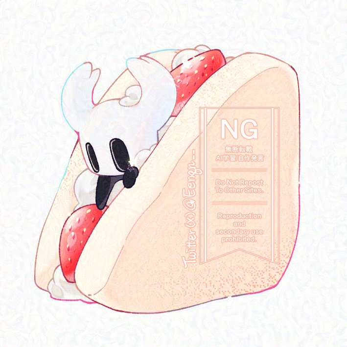 knight (hollow knight), hollow knight, commentary, english commentary, 1other, black eyes, bread, eenqn, food, food focus, fruit, fruit sandwich, hollow eyes, horns, other focus, strawberry, watermark