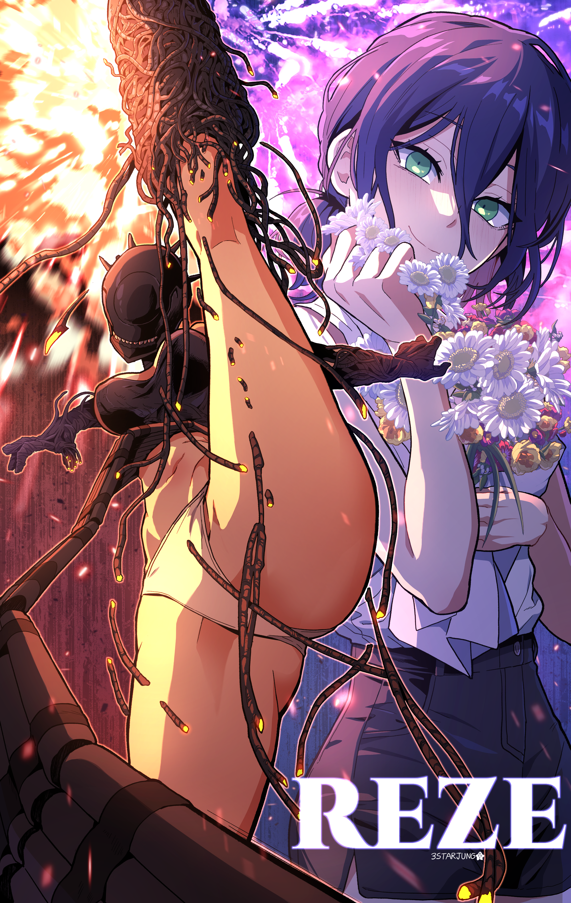 3starjung, bomb devil (chainsaw man), reze (chainsaw man), chainsaw man, absurdres, highres, 1girl, apron, black apron, black gloves, black shorts, breasts, closed mouth, dynamite, elbow gloves, explosion, explosive, flower, gloves, green eyes, hair between eyes, holding, holding flower, leg up, medium breasts, object head, panties, purple hair, shirt, shorts, smile, split, standing, standing on one leg, standing split, underwear, white flower, white panties, white shirt