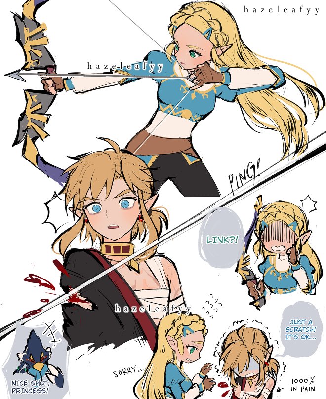 hazeleafyy, link, princess zelda, revali, nintendo, the legend of zelda, the legend of zelda: breath of the wild, 1girl, 2boys, apologizing, archery, arrow (projectile), artist name, bandaged arm, bandaged chest, bandages, bird boy, black pants, blood, blue eyes, blue shirt, bow (weapon), braid, breasts, brown gloves, cowboy shot, crown braid, drawing arrow, earrings, english text, fingerless gloves, gloves, gold trim, green eyes, hair ornament, hairclip, holding, holding arrow, holding bow (weapon), holding weapon, injury, jewelry, long hair, low ponytail, medium breasts, medium hair, multiple boys, pants, parted bangs, parted lips, pointy ears, ponytail, rito, shaded face, shirt, sidelocks, single bare shoulder, sweat, trembling, upper body, wavy mouth, weapon, white background