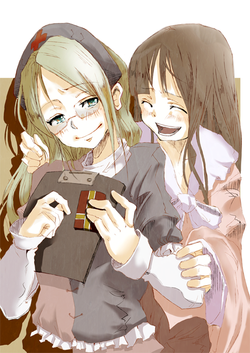 yae (mono110), houraisan kaguya, yagokoro eirin, touhou, bad id, bad pixiv id, 2girls, clipboard, female focus, gift, glasses, long hair, multiple girls, smile, standing