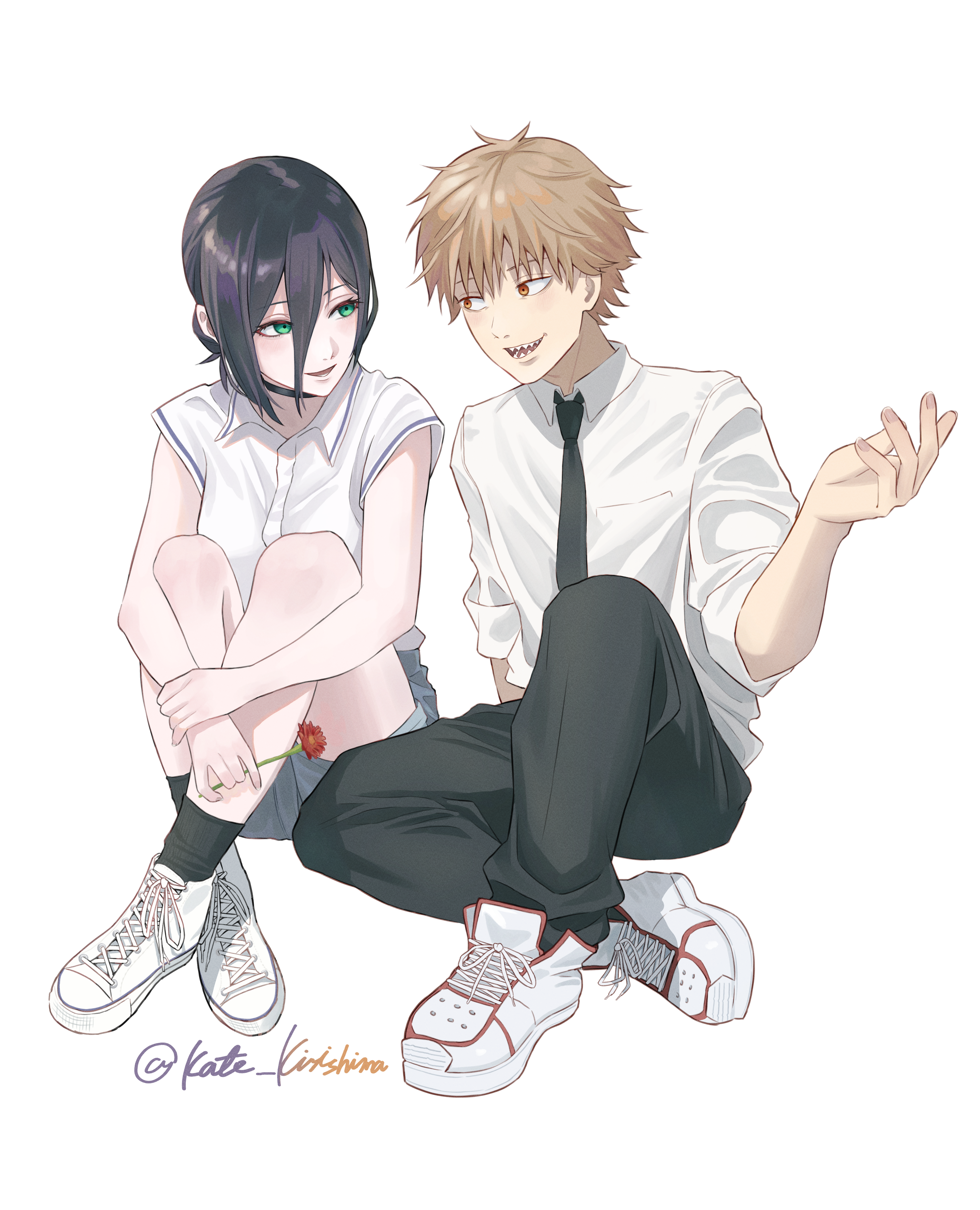 kirishima kate, denji (chainsaw man), reze (chainsaw man), chainsaw man, absurdres, commentary request, highres, 1boy, 1girl, black choker, black hair, black necktie, black pants, black socks, blonde hair, choker, collared shirt, flower, green eyes, grey shorts, hair between eyes, hair bun, hair flower, hair ornament, hugging own legs, knees up, necktie, pants, polo shirt, red eyes, red flower, shirt, shoes, short hair, shorts, simple background, sneakers, socks, twitter username, white background, white shirt, white shoes
