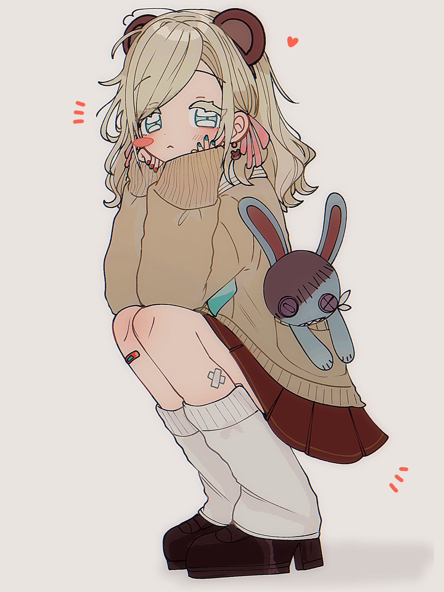 col person, ceras yanagida lilienfeld, link! like! love live!, love live!, commentary, hashtag-only commentary, highres, 1girl, :<, animal ear hairband, animal earrings, animal ears, aqua nails, bandaid, bandaid on leg, bear ear hairband, bear earrings, bear ears, black shoes, blue eyes, blush stickers, brown cardigan, brown hairband, cardigan, closed mouth, crossed bandaids, dress, fake animal ears, frown, full body, grey background, hair ribbon, hairband, hasu no sora school uniform, heart, leg warmers, long sleeves, looking at viewer, notice lines, object in pocket, orange nails, parted bangs, pink ribbon, pleated dress, pocket, ribbon, sailor collar, sailor dress, school uniform, shoes, side part, simple background, single blush sticker, sleeves past wrists, solo, squatting, stuffed animal, stuffed rabbit, stuffed toy, virtual youtuber, white leg warmers, white sailor collar, winter uniform