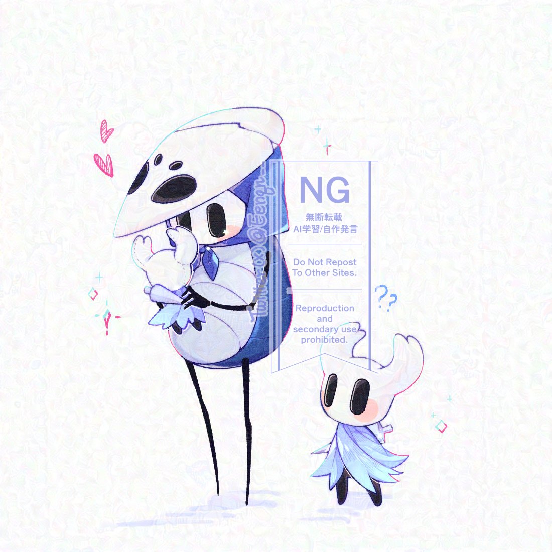 knight (hollow knight), quirrel, hollow knight, commentary, english commentary, 1boy, 2others, black eyes, blue cape, cape, carrying, carrying person, eenqn, heart, hollow eyes, horns, multiple others, nail (hollow knight), standing, watermark, white mask