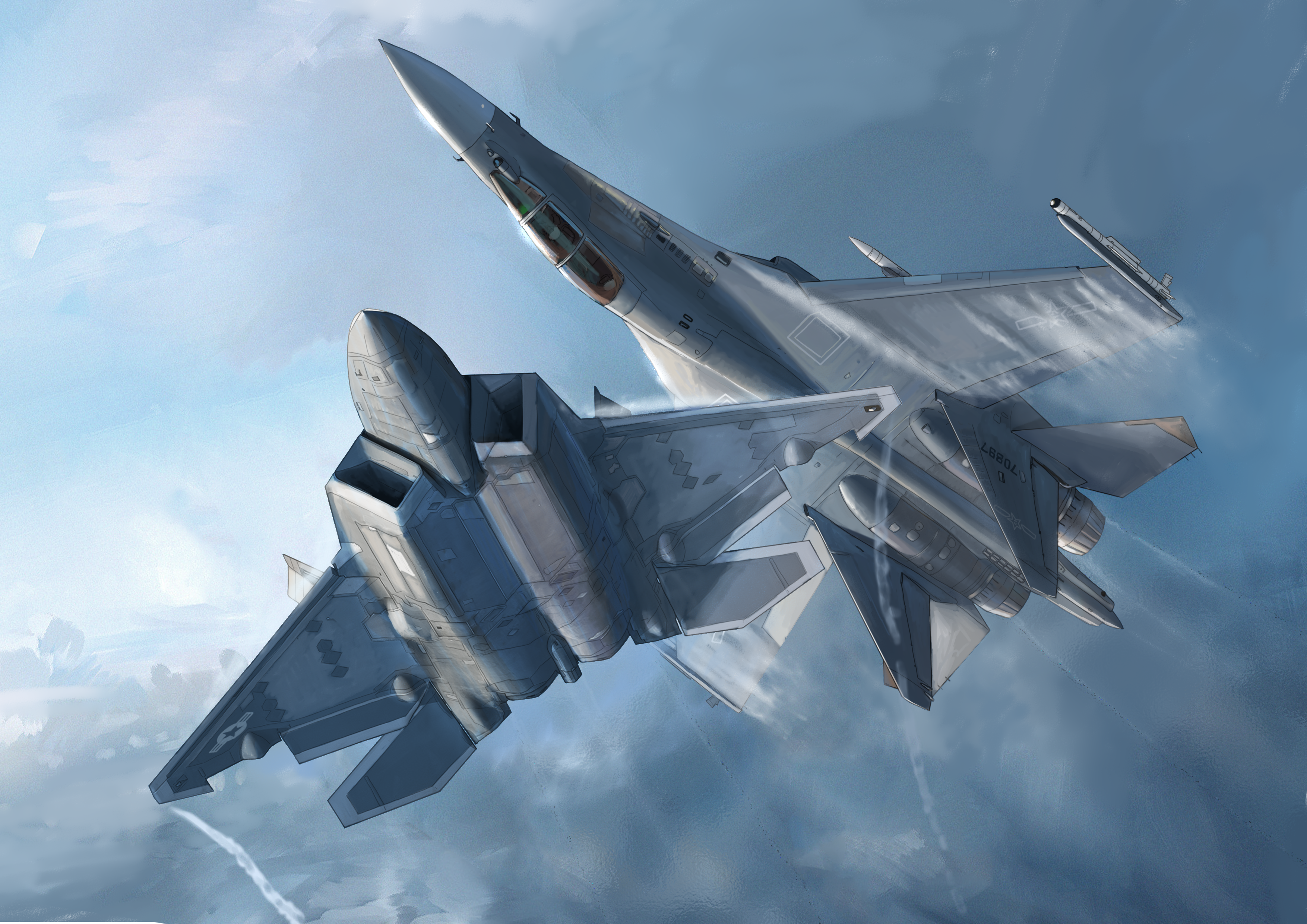 yukikaze supersylph, original, united states air force, absurdres, commentary request, highres, 2others, aerial battle, air-to-air missile, aircraft, airplane, battle, canopy (aircraft), contrail, day, f-22 raptor, fighter jet, flying, from below, grey sky, helmet, military vehicle, missile, multiple others, outdoors, people's liberation army, people's liberation army air force, pilot, pilot helmet, pl-10, pl-12, roundel, russian commentary, shenyang j-16, sky, upside-down, vehicle focus